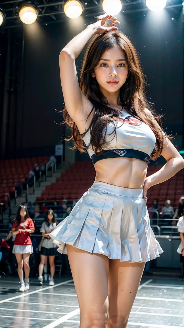 An Asian woman in a cheerleading costume waves, Korean girl, beautiful Korean women, Korean Idol, hot with shining sun, jaeyeon nam, Gorgeous young Korean woman, Beautiful young Korean woman, tzuyu from twice, trending at cgstation, Red and white, portrait of female korean idol, cutecore, Korean woman, photo of slim girl model