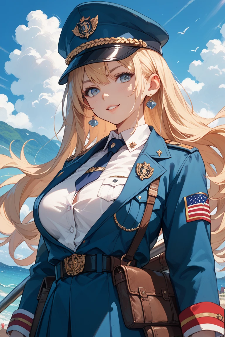((masterpiece)),(best quality),official art,extremely detailed CG,unity 8k wallpaper,ultra detailed,1girl,solo,cowboy shot,large_breasts,blonde_hair,star_\(symbol\),star-shaped_pupils,symbol-shaped_pupils,long_hair,garter_straps,front-tie_top,mismatched_legwear,blue_eyes,cleavage,elbow_gloves,asymmetrical_legwear,smile,miniskirt,hair_between_eyes,fingerless_gloves,vertical_stripes,navel,looking_at_viewer,headgear,belt,vertical-striped_thighhighs,blush,rudder_footwear,striped_skirt,american_flag_legwear,<lora:Iowa(kan)>,