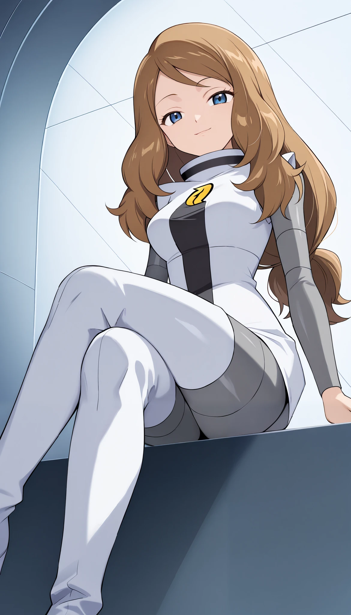 serena, long hair, blue eyes, brown hair, score_9, score_8_up, score_7_up, score_6_up, source_anime, anime, masterpiece, best quality, black and white top, grey bodysuit, bodysuit under clothes, grey pants, white boots, white thigh boots, team galactic symbol,  sitting, crossed legs, seductive smile, large breast
