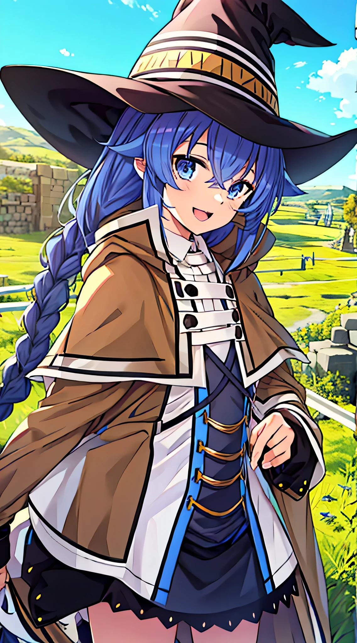 roxy migurdia, Masterpiece, Best quality, Very detailed background, Cafe, hand on own cheek, Open mouth, Smile, arms grey behind, bangs, Black tiara, Blue eyes, Blue hair, Braid, Brown cape, Cape, hair between eye, Hat, Long hair, Witch hat