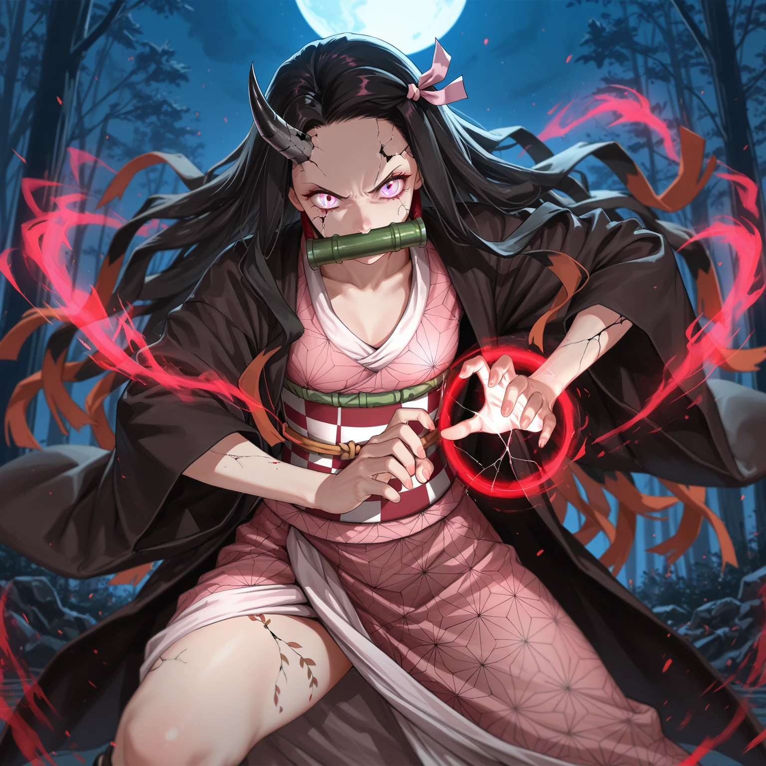 <lora:Nezuko:0.8>, Nezuko_demon, angry, teeth, fangs, (gorgeous, beautiful, enchanting:1.3)