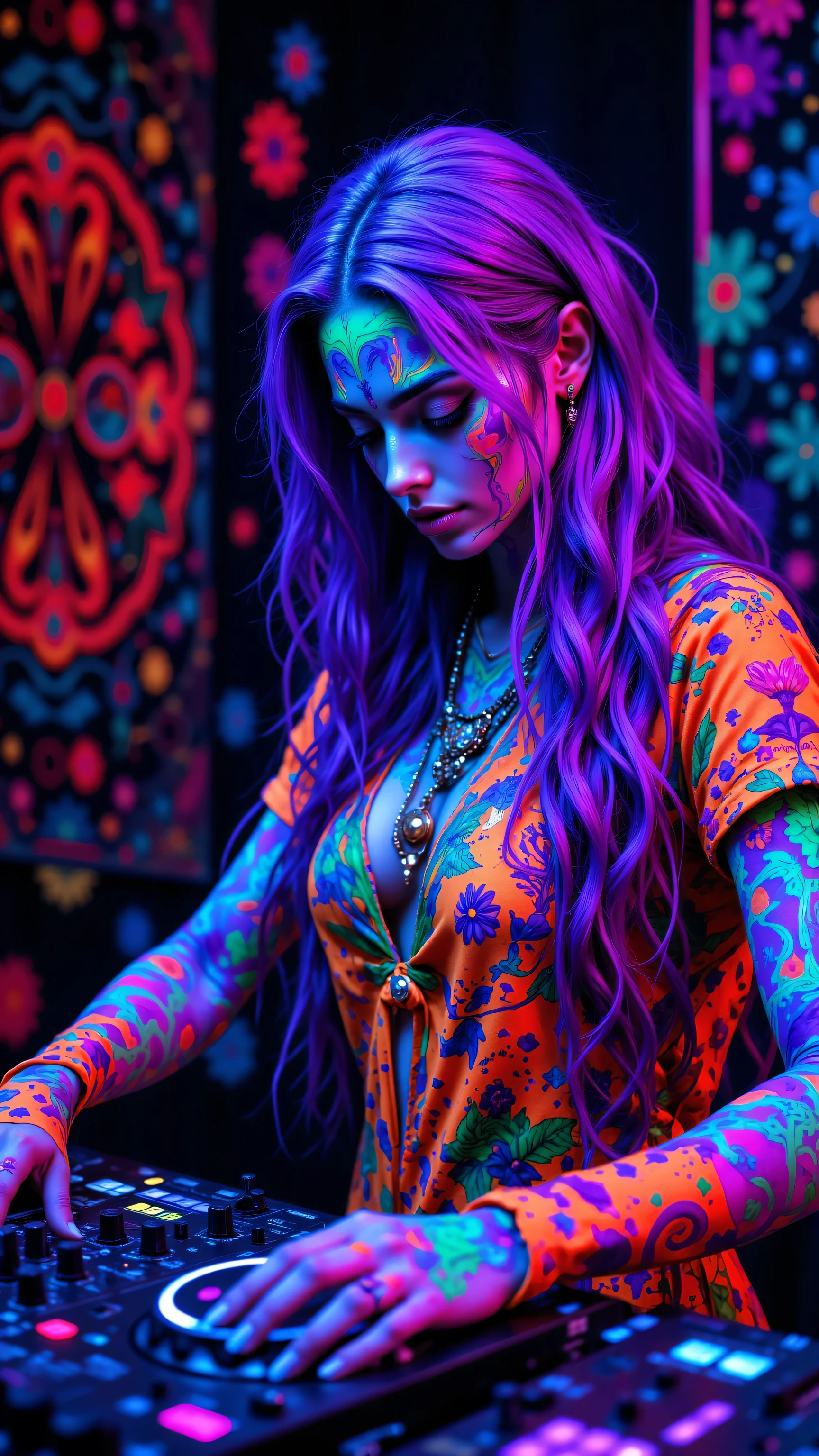 8k, Masterpiece, Top Quality, Close-up, long hair, purple hair, neon body paint, honeycomb pattern, brightly colored shirt, psychedelic designs, neon green, orange, purple, DJ mixer, hands, controls, vibrant background, psychedelic tapestry, swirling patterns, flowers, circles, neon colors, deep blues, purples, rave, electronic music, strong lighting, multicolored lighting