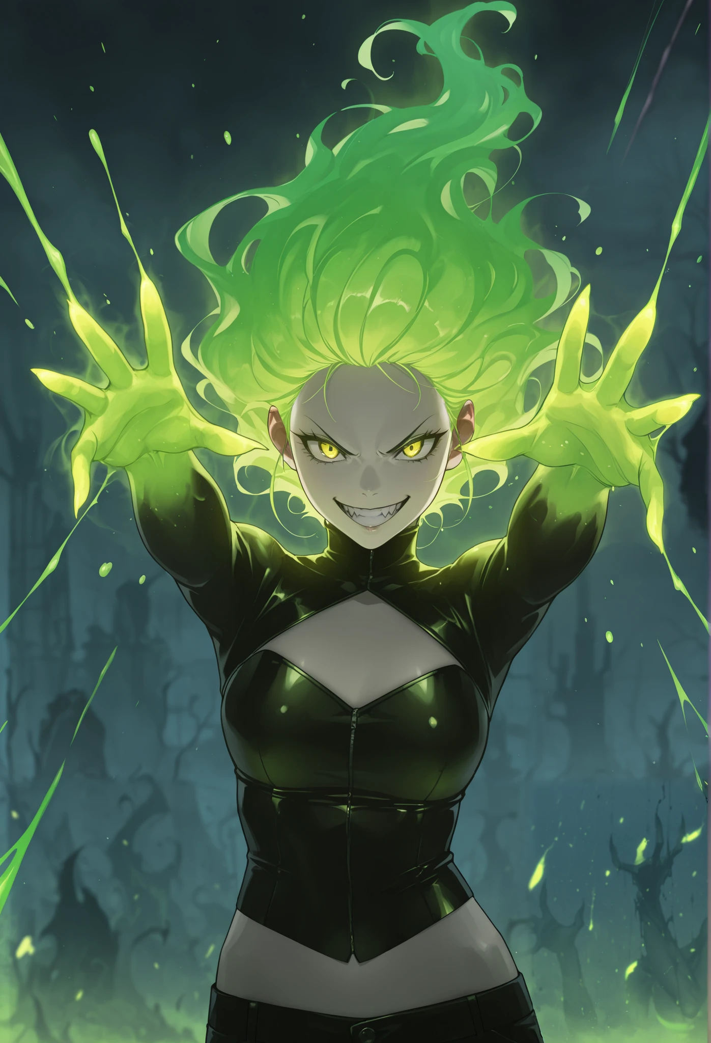 masterpiece, best quality, amazing quality, newest, very aesthetic, 1girl,A wicked witch, sculpted from pulsing, semi-transparent lime, stands in a sinister, dynamic pose. Her upper body twists unnaturally, one clawed hand reaching forward as if casting a curse, while the other hovers near her chest, fingers curled with malicious intent. Her gelatinous, citrus-hued form oozes and shifts, dripping acidic droplets that sizzle upon contact. Her face, a twisted mask of malevolence, stretches into a wicked grin, her glowing yellow eyes burning with eerie intelligence. Wisps of neon-green mist swirl from her shoulders, and each movement leaves a shimmering, toxic trail, as if the very air recoils from her presence.