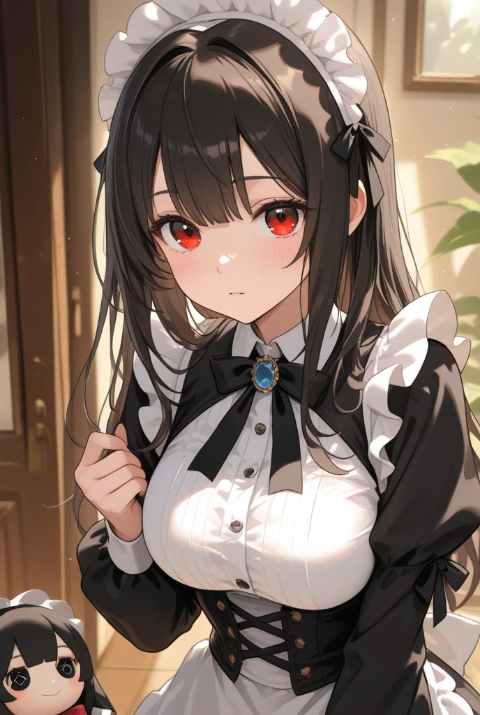{Best Quality}, {ultra-detailliert}, {very detailed illustration}, silber hair, Aimei, embarrassed from，breastsout，Suspender Skirt，red blush，Black tie，Be undress，suspenders、skirt by the、Casual clothing，Maids，a bed，laying on back