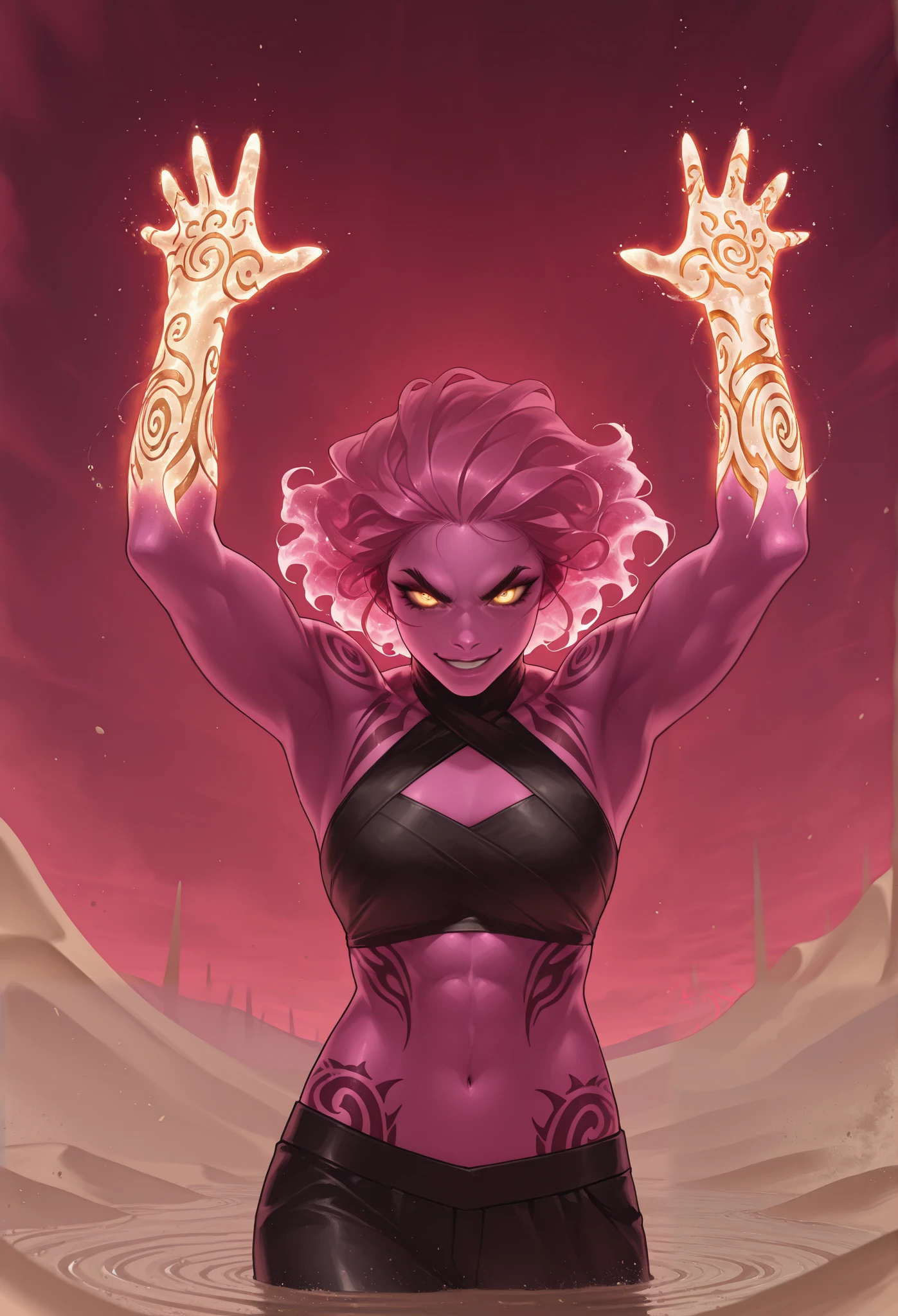 masterpiece, best quality, amazing quality, newest, very aesthetic, 1girl,A pink oni woman made of shifting sand stands in a powerful, dynamic pose, her upper body a fluid blend of deep rose tones and golden grains. Her muscular arms are raised in a fierce stance, one hand clawing toward the sky, while the other curves protectively across her chest. Intricate tattoos swirl across her torso, vibrant in contrast to her sandy texture—ancient symbols and designs that pulse with energy. Her face, fierce and striking, bears a mischievous grin, with glowing eyes beneath thick brows. The sand around her shifts with each movement, creating ripples of energy, as if alive.