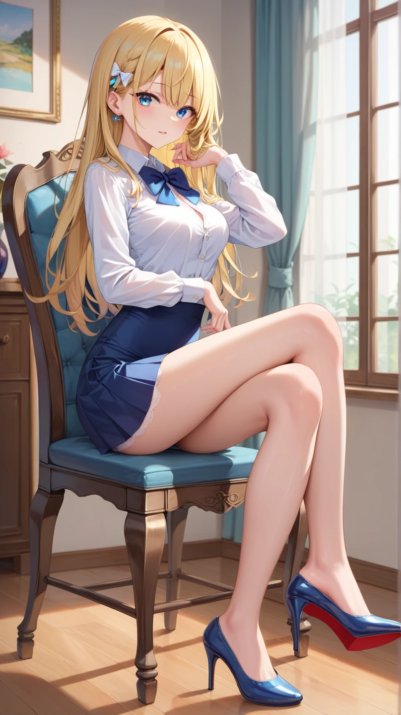 zPDXL,
score_9,score_8_up,score_7_up,score_6_up,score_5_up,score_4_up,
(masterpiece,best quality,8k,beautiful and aesthetic:1.2),
HUGE BREASTS,floating hair,narrow_waist,slender,skinny,(dynamic_angle),(sexy posture),
embarrassed,smile,open mouth,
<lora:marin-kitagawa-ponyxl-lora-nochekaiser:0.6>,
marin kitagawa,red eyes,bangs,blonde hair,multicolored hair,long hair,
earrings,jewelry,black choker,school uniform,white shirt,necktie,bracelet,pleated skirt,blue skirt,plaid skirt,
<lora:xuegao:0.7>,
white pantyhose,feet,soles,foot focus,
sitting,spread legs,
indoors,from below,looking at viewer,
<lora:add-detail-xl:1>,