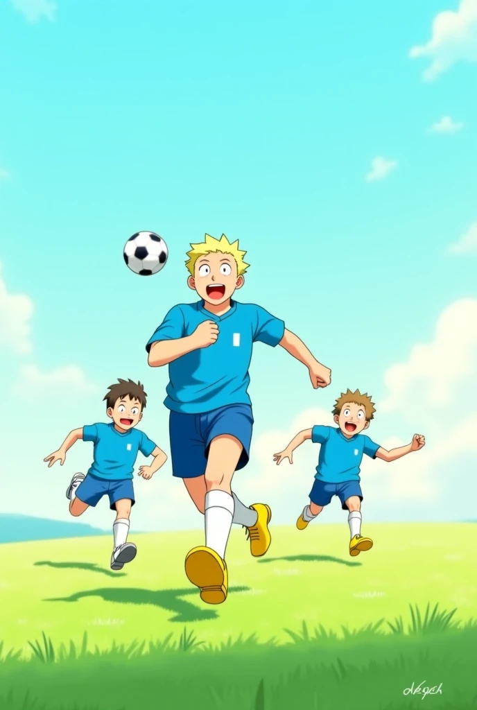 4 little boys with green hair and yellow shirt, fighting each other for a ball that is not realistic, that its design is the same as the anime without so much realism, that they are taller and that their head is not so big and that the ball is in the air and they wait for it to fall