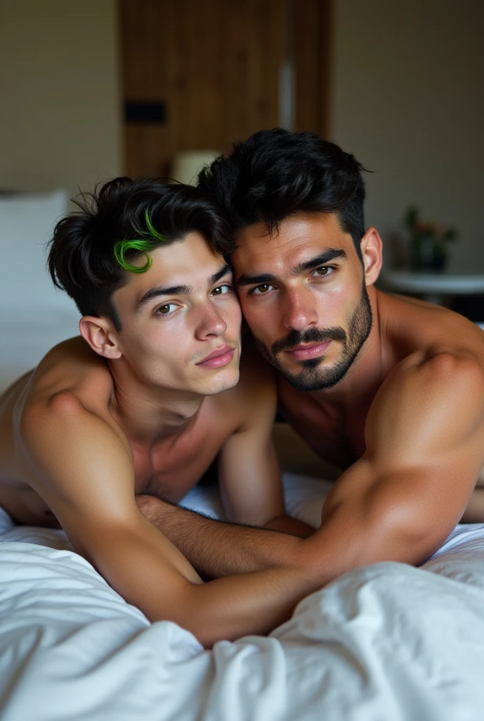 a handsome, 2 attractive men with a seductive expression, athletic, tattooed, sitting inside a room , Sitting on the bed, wearing a tank top, silver watch, Brown hair, Crossed arms