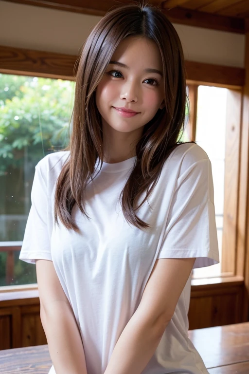 (8k, RAW photo, best quality, masterpiece: 1.2), (realistic: 1.6), (masterpiece), (best quality: 1.0), (highest quality: 1.0), (ultra hi-res: 1.0), detail, 40s, one, detail beautiful skin, detail room, ,realistic skin, middle breast, best quality, ultra high definition, cute, long hair, smile, , white shirt, , sitting on bed,