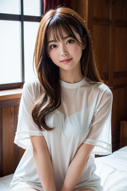 Best-quality, Masterpiece, Ultra-High-Resolution, (Photorealistic:1.4), Raw-Photo, 1girl, 15-years-old, the most famous Japanese idol, innocent-smile, (extremely cute face like the most popular Japanese idol, (extremely beautiful big-black-solid-circle-eyes), extremely beautiful hair), extremely beautiful skins, wearing only white extremely-see-through casual-dress with long-sleeves, dynamic-pose