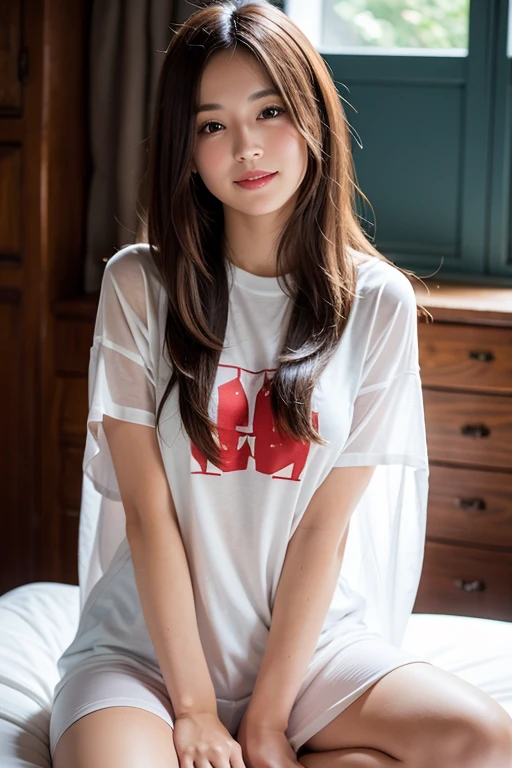 (8K high image quality), (top-quality), (RAW image quality),(masutepiece:1.2), (Realistic), (Photorealistic:1.37), Goose egg face,largeeyes,long eyelasher,Exquisite(Live-action realistic style),The Ultimate Face,Photorealistic light and shadow,Clear facial features,milky skin,Fair skin, highdetailskin,Realistic skin details,Visible Pore,(Super Detail),Hair length is random, (Flowing hair),Shoot for viewers,Shot from a short distance,Ultra-detailed, 1girl in, Cute,Beautiful detailed eyes, beautiful detailed nose, highlydetailed skin,Full body,I can see the cleavage ,(eyecontact),(Colossal 、Breast Abundance)、(Beautiful face with double eyelids),((fullbody image)), (Realism: 1.4),High image quality, excellent details, Ultra-high resolution, (Realism: 1.4), The best illustrations, favor details, Highly condensed 1girl,delicate and beautiful face, 1girl in、20yr old、(Beautiful Face 1.4)、A slender、((Beautiful woman in t-shirt,I don't wear anything except a t-shirt)),extra detailed face、Too clear white skin、((Show your viewers your best smile,Show your teeth and smile))、dynamic ungle、Magnificent scale,((Full body shooting)),Slender Body Style),Stand leaning against the wall,Model-like standing,very clean feet,Stand with your legs slightly apart
