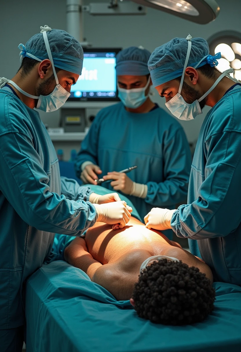 In an anatomy classroom, a puerto rican man, stark, very bearded and hairy, is lying on an examination table, wearing only white underwear. He is touched and examined closely by a group of curious casually dressed students around him., all focused on learning about the human body. The school classroom is bright. 
