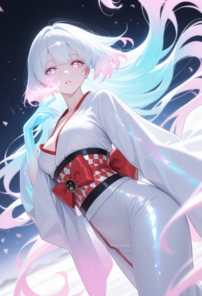 masterpiece, best quality, good quality, very aesthetic, absurdres, newest, 8K, depth of field, focused subject,
dynamic angle, dutch angle, wabi sabi, looking at viewer, woman is a geisha, parted lips,
holographic skin, holofoil glitter, faint, glowing, ethereal, neon hair, long hair, glowing hair, flowing hair, otherworldly glow, she is dangerous,