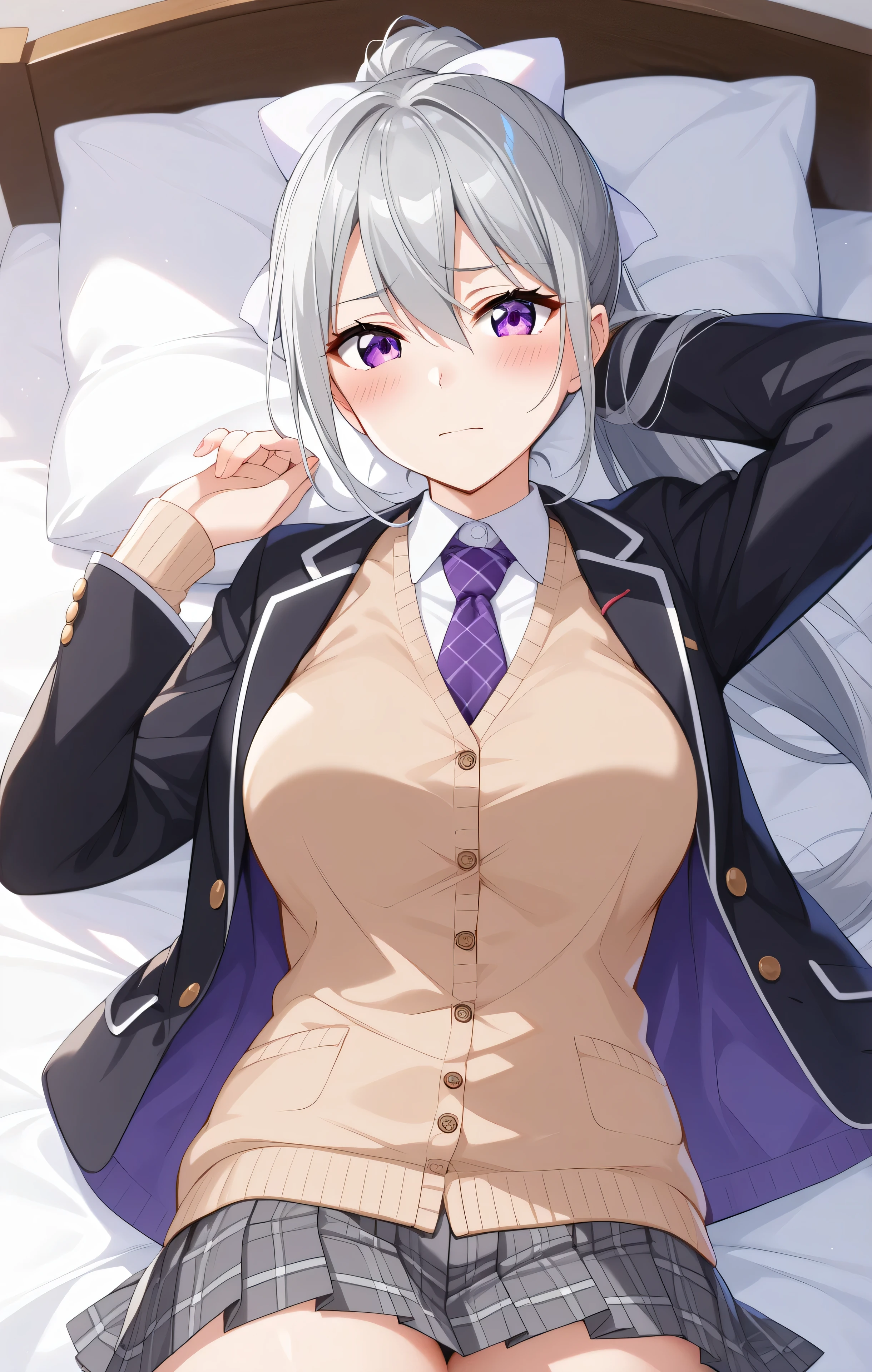 1woman,best quality,ultra-detailed,high resolution,extremely detailed CG,unity 8k wallpaper,score_9, score_8_up, score_7_up, source_anime,hk1, purple eyes, grey hair, hair between eyes, long hair,ponytail, bow, white bow,shirt, cardigan, jacket, black jacket, blazer, skirt, grey skirt, plaid skirt, nsfｗ，mature female,professional quality、bed room、medium breasts、pleated skirt、tsurime,Official Art,crotch seam、necktie, purple necktie,,lie on own back,embarrassed,thick thighs,wide hips,arms up,arms behind head