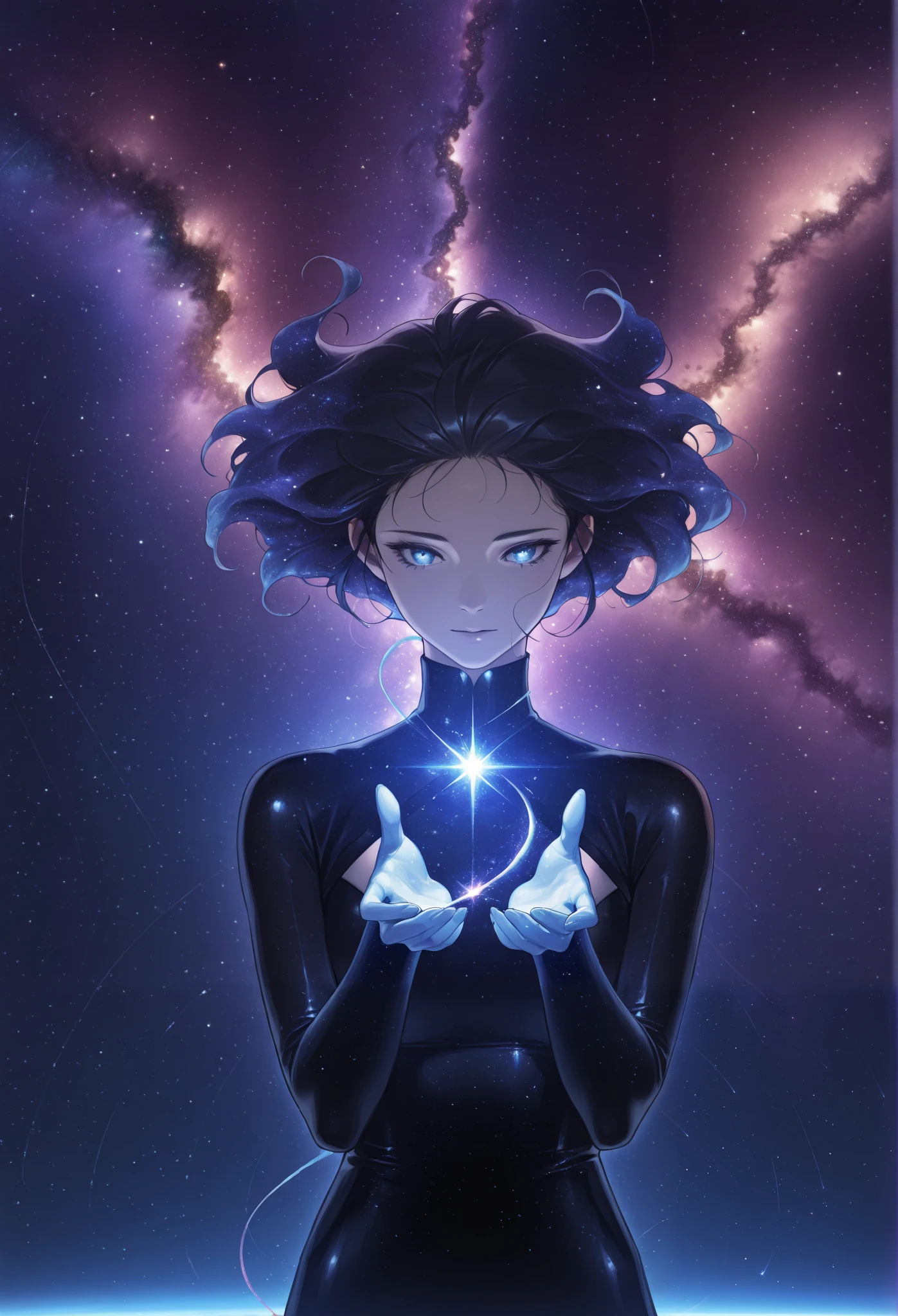 masterpiece, best quality, amazing quality, newest, very aesthetic, 1girl,A woman crafted from the vastness of space stands poised in a dynamic pose, her upper body a swirling expanse of stars, galaxies, and nebulae. Her form is fluid and ever-changing, made of deep blacks and iridescent blues, with glowing constellations tracing the contours of her body. One arm extends forward, fingers elongating like beams of light, while the other bends behind her in an elegant arc, as if she is harnessing the cosmos. Her face, a luminous void with stardust eyes, radiates the mystery of the universe. Light flickers across her body, as if she's both timeless and infinite.