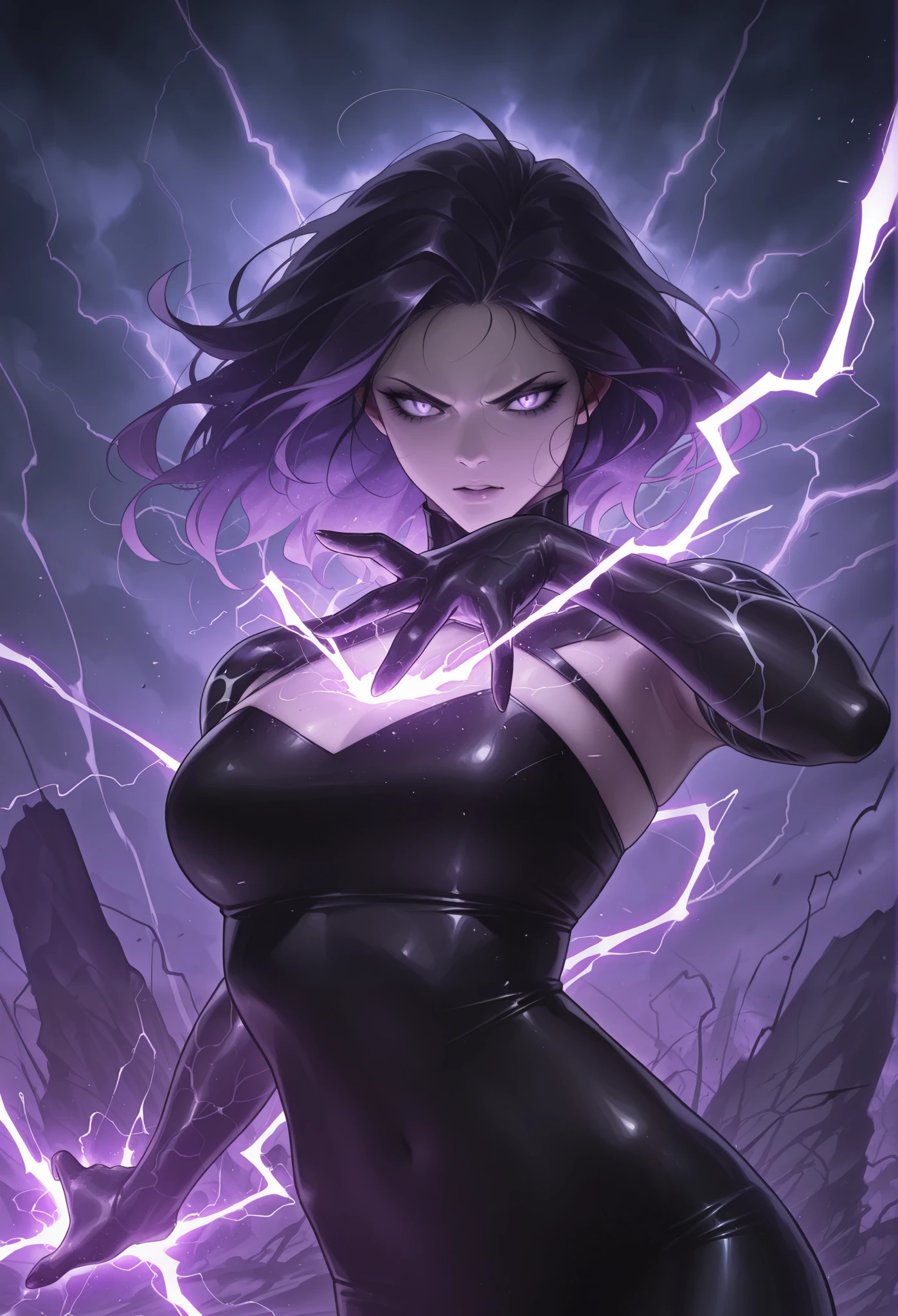 (best quality,4k,highres:1.2),dramatic comic book style,pale skinned arcanist,wearing lace sleeves and a little black dress,lavender colored eyes,black hair,middle parted long,lace gloves,enchanted staff,casting a spell with magical energy,arcane symbols floating in the air,,striking purple lightning,fierce expression,deep shadows and intense highlights,comic book style shading and bold outlines,action-packed dynamic composition,vibrant colors with a mix of purples,blues,and blacks,dramatic lighting to enhance the atmosphere, (((pale skin))), white skin, dungeon background