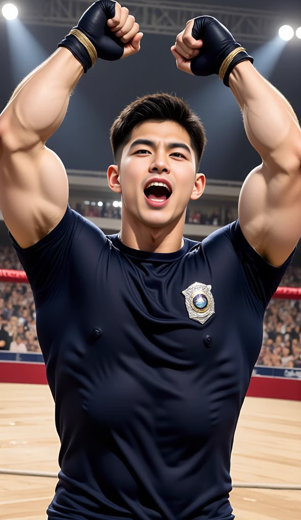 tmasterpiece, best qualtiy, A high resolution, realisticlying, handsome, photogenic, virile, Asian people,18yr old,?????? boy(large muscle),Flower arm tattoo, Syahnk's face as a (Dark tanned skin:1.4) Athletic athletes ???? out huge pectorals, In the middle of the football field, With his dumb face with a giggle Watch the audience, short detailed hair, HDR, octanerender, 8k, Dinamic Light, Studio Light, highdetailskin,high-detail face,digital SLR camera,high high quality,filmgrain,富士XT3,skin pore