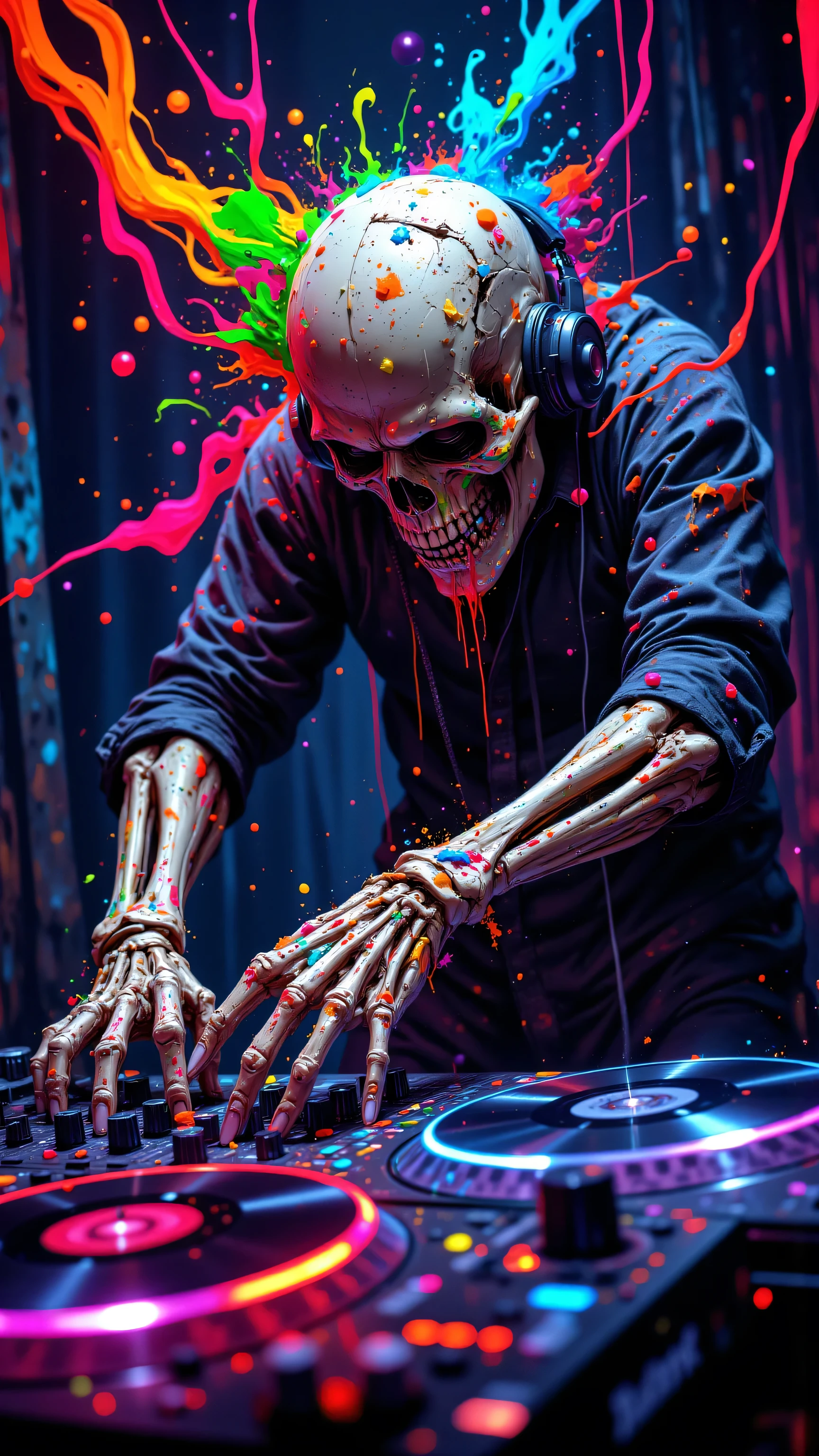 8k, Masterpiece, Top Quality, Low-angle, close-up, Skeleton, skull, bony fingers, paint splatters on skull, Nene, bony body, colorful streamers, DJing, hands on turntables, animated, energetic, Neon, streaks, vibrant colors, abstract, psychedelic, dynamic.