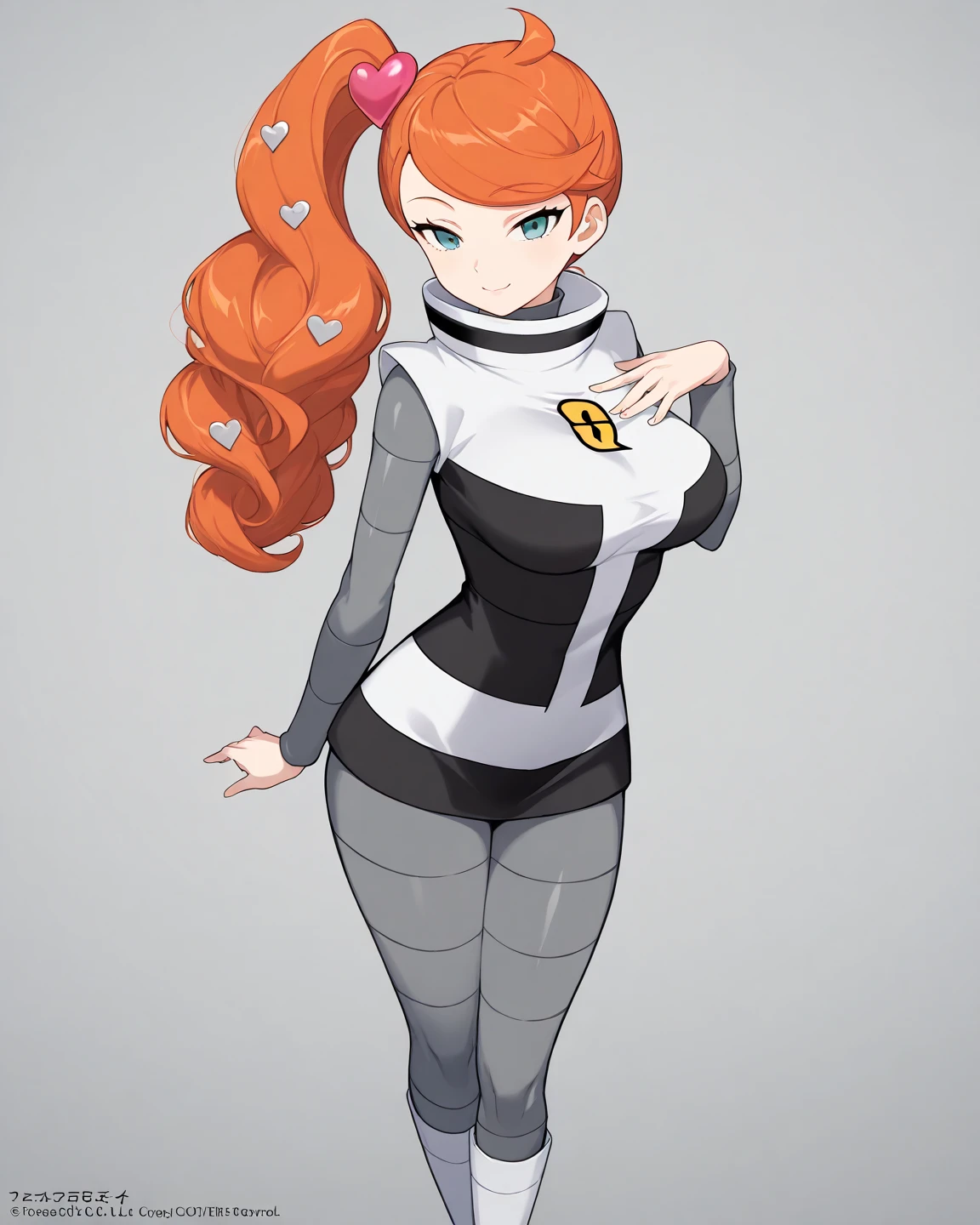 (tmasterpiece:1.3),(best qualtiy:1.3),8K,.((1boy)),Orange hair,hair in ponytail, yellow eyes,,full body,bodysuit,beautiful _combat_bodysuit,white bodysuit,tightsuit,mitts,standing on your feet,bottomheavy,hyper thighs,gigantic ass, Mischievous smile ,