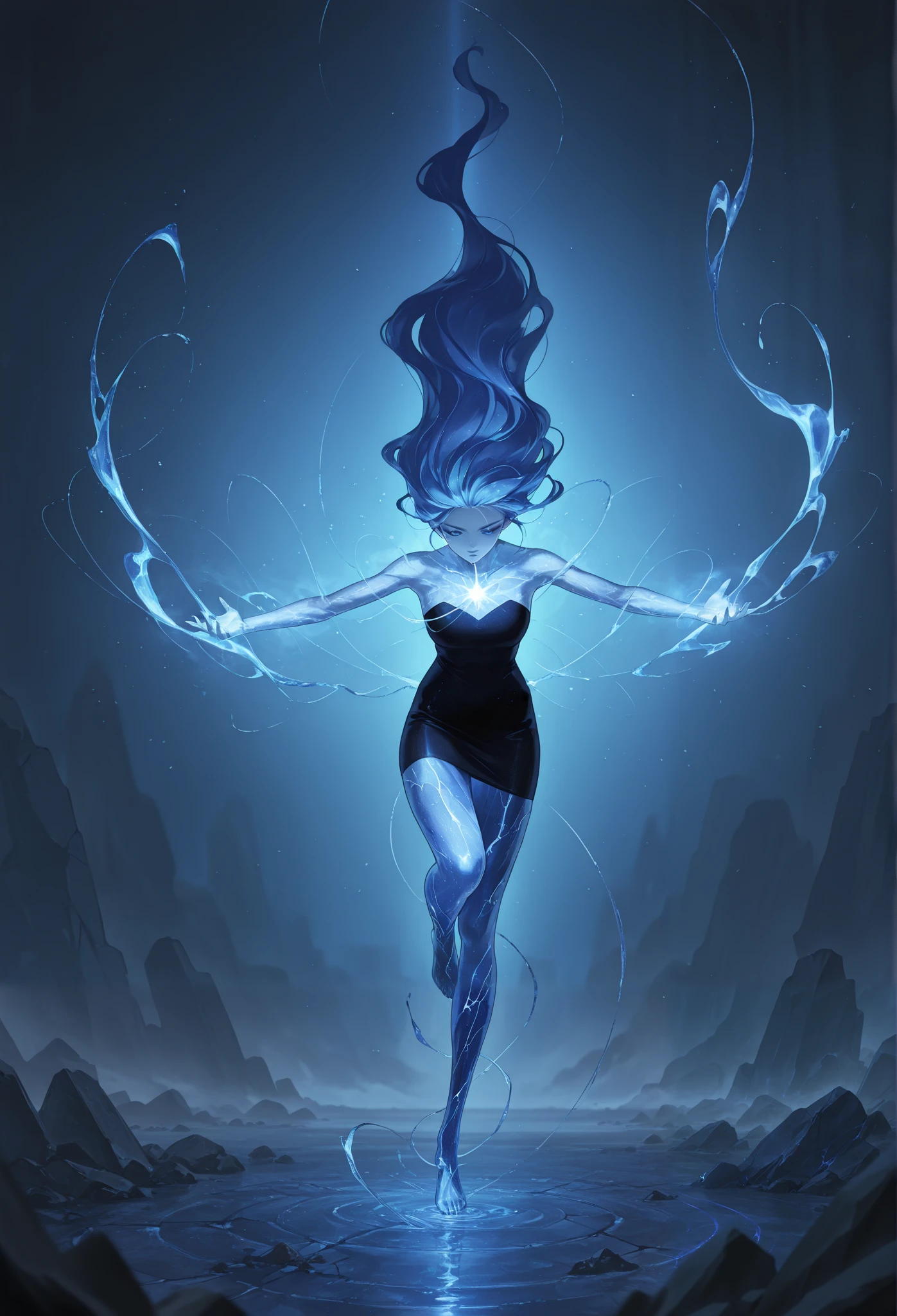 masterpiece, best quality, amazing quality, newest, very aesthetic, 1girl,A woman of living lapis lazuli stands in a dynamic pose, her crystalline form shimmering with deep blues and golden veins. Her body is sculpted like a masterpiece, smooth yet angular, reflecting light in mesmerizing patterns. One leg is firmly planted, the other bent as if mid-motion, arms extended in an elegant yet powerful stance. Her flowing hair, a cascade of translucent azure, seems frozen in motion, trailing behind like liquid stone. Eyes gleam with an inner radiance, as if holding ancient wisdom. Cracks glow faintly, pulsing with energy, making her seem both ethereal and unbreakable, a goddess of stone.