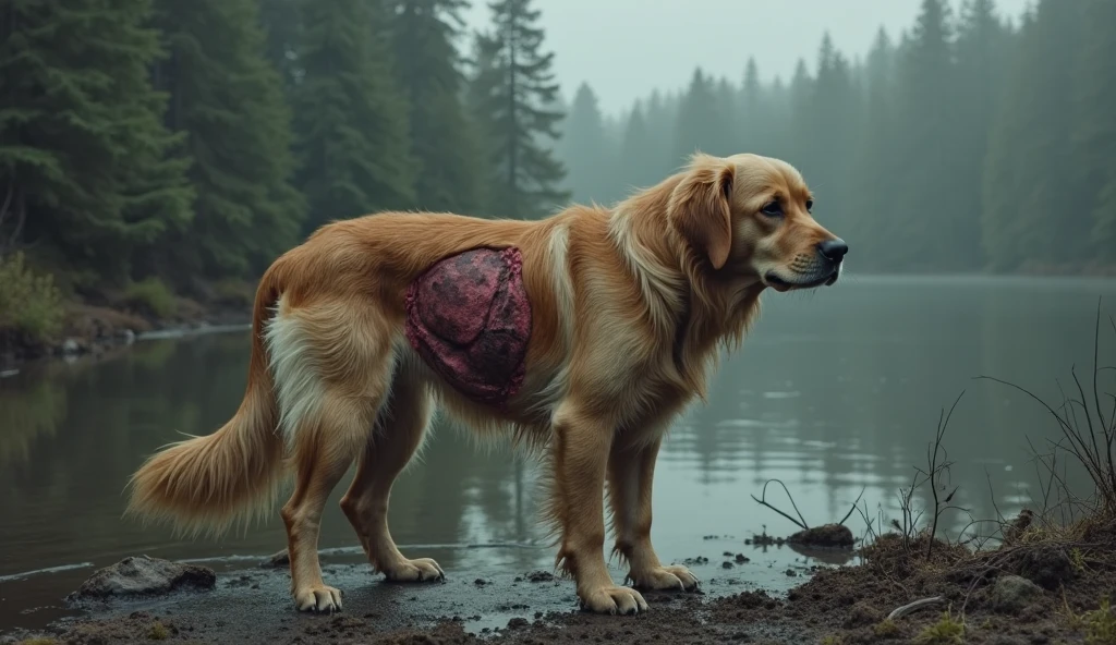 male furry red dog with red dog penis, full body, in a deserted snowy landscape