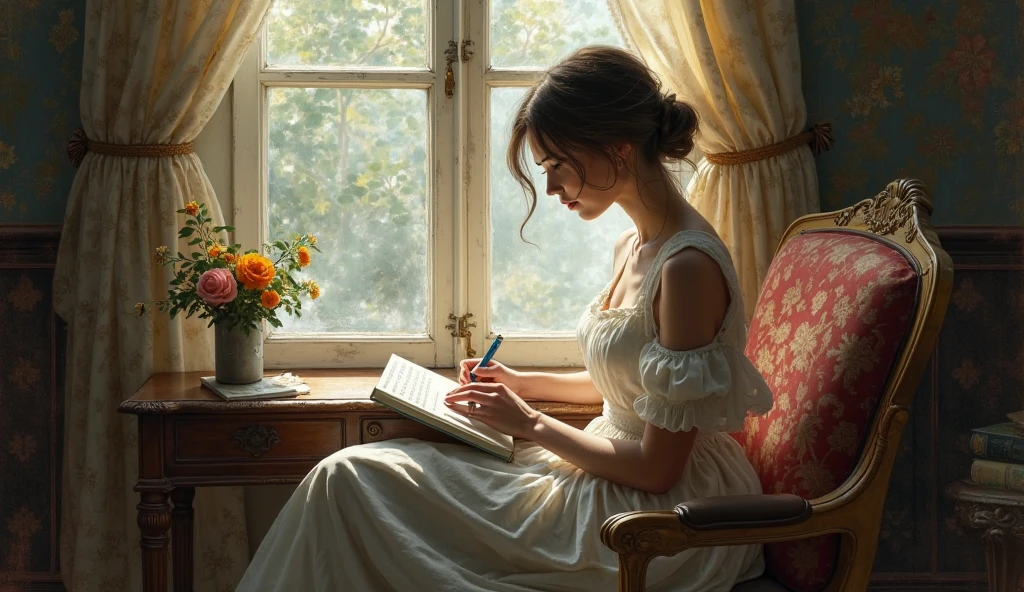 Masterpiece. Antique portrait, woman reading, sitting on a chair, in an interior, minimalist vintage print, vintage oil painting. Blue tones, very nostalgic atmosphere. The severe deterioration of the painting over time adds a touch of melancholy to the scene, capturing the passage of time. NO signature. NO watermark