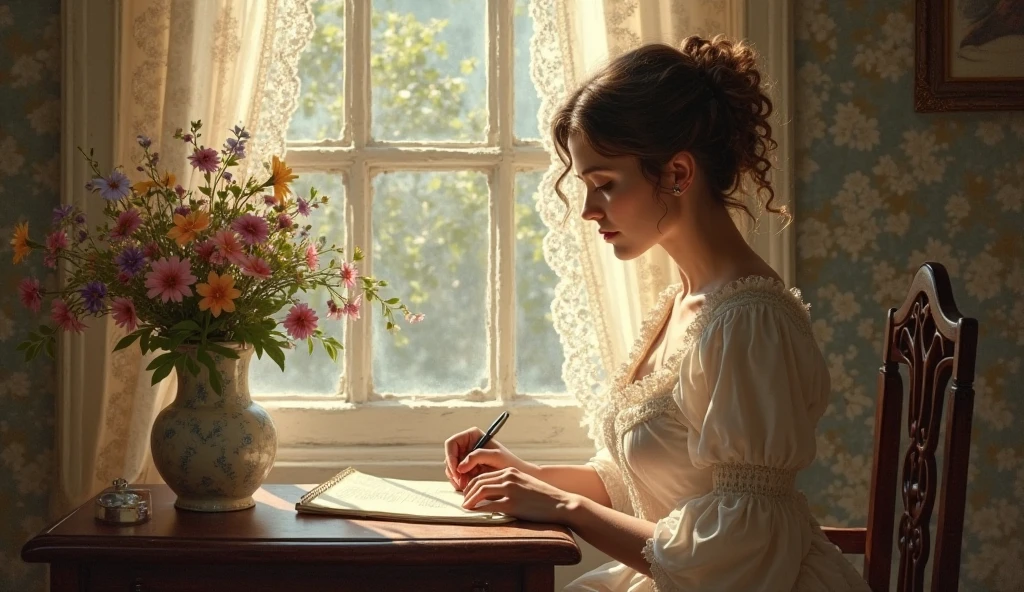 painting of a woman sitting at a table writing a letter, danile gerhartz, daniel gerhartz, inspired by Daniel F. Gerhartz, by Daniel F. Gerhartz, steve henderson, elegant study, albert lynch, by Daniel Ljunggren, by Philip de László, in style of steve henderson, by Emile Lahner