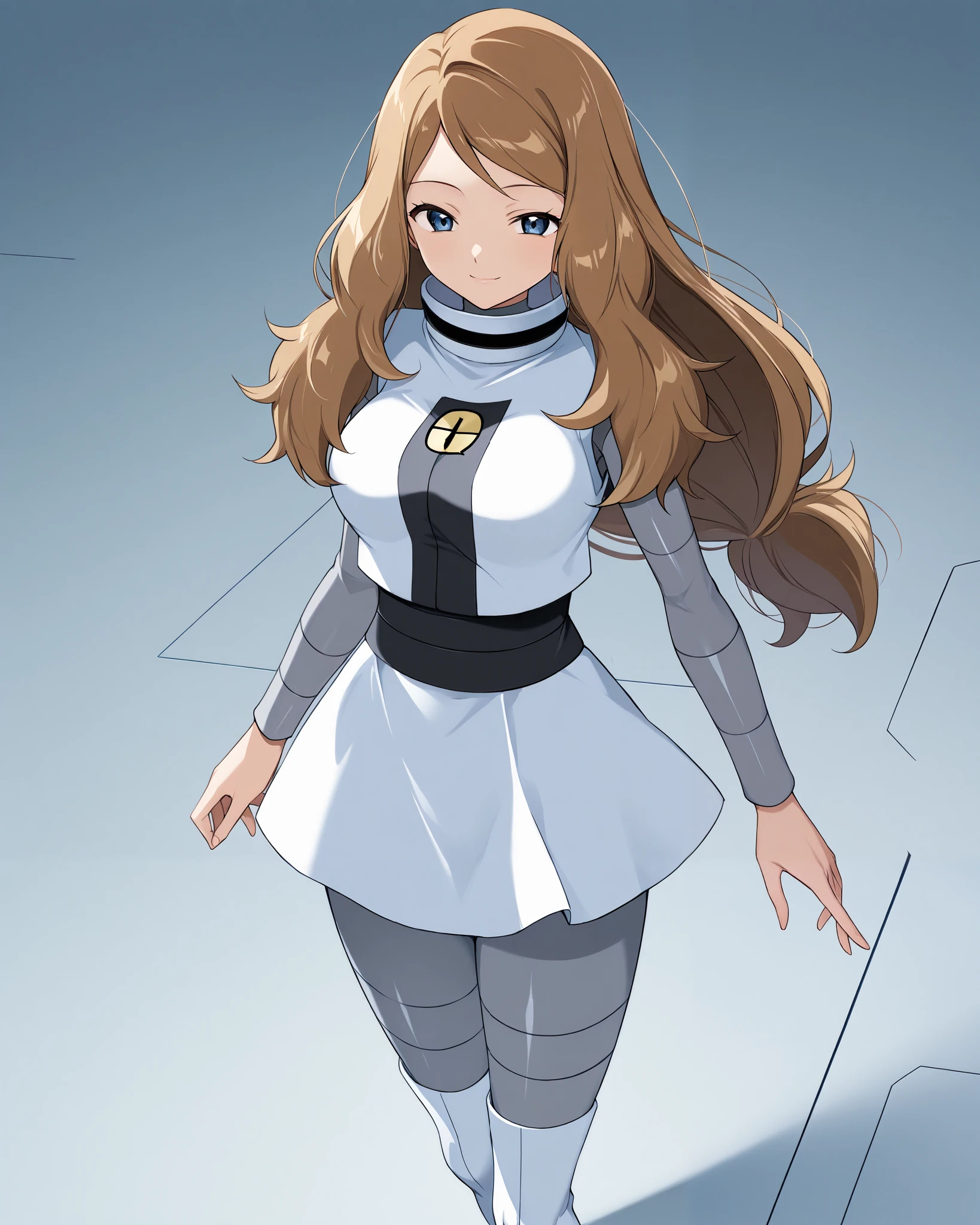 alone, solo, serena, long hair, blue eyes, brown hair, score_9, score_8_up, score_7_up, score_6_up, source_anime, anime, masterpiece, best quality, black and white dress, grey bodysuit, bodysuit under clothes, grey pants, white boots, white thigh boots, team galactic symbol,  standing, seductive smile, large breast