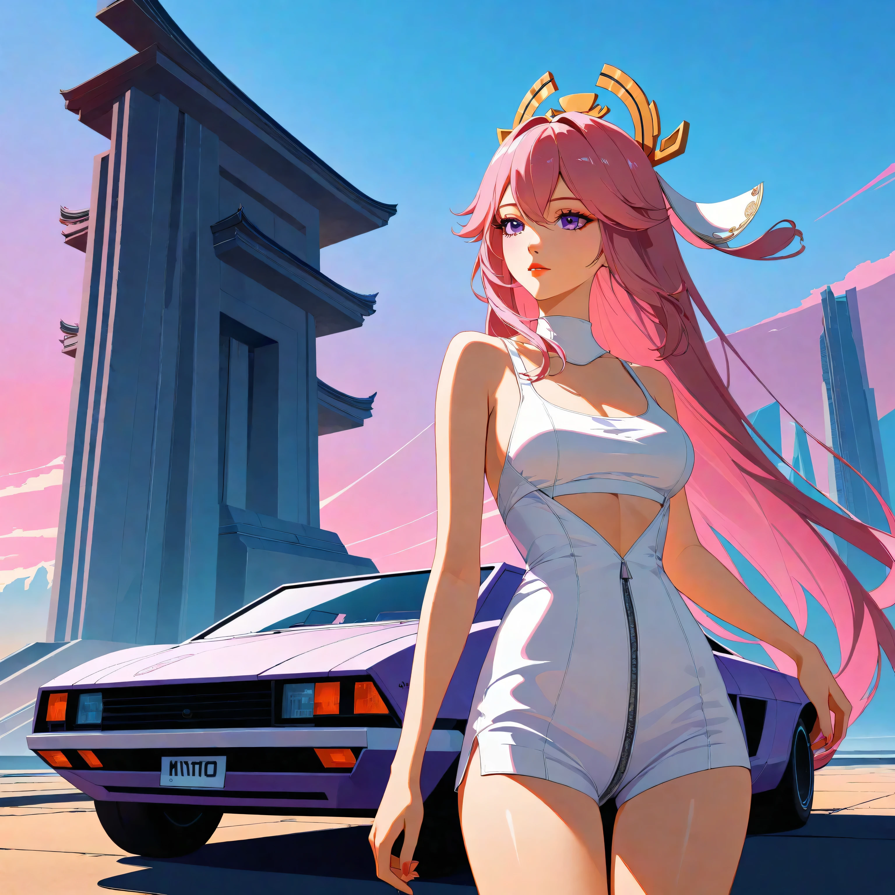 a futuristic landscape in the illustrative style of french illustrator Moebius, (pinks, purples), brutalist architecture, brutalism, retrofuturistic, french retro, retrofuturistic car, Yae Miko from genshin impact, pink hair, purple eyes, head ornament, perfect breasts, slender legs, lingerie, standing in a relaxed contrapposto pose with her hands behind her back, she’s facing viewer straight, having a dramatic, neutral expression on her young face, her tank top revealing pronounced cleavage and sideboob, her long hair fluttering in the wind, with a pale color gradation, blending retro elements, contemporary digital art, and surrealism, with intricate details,