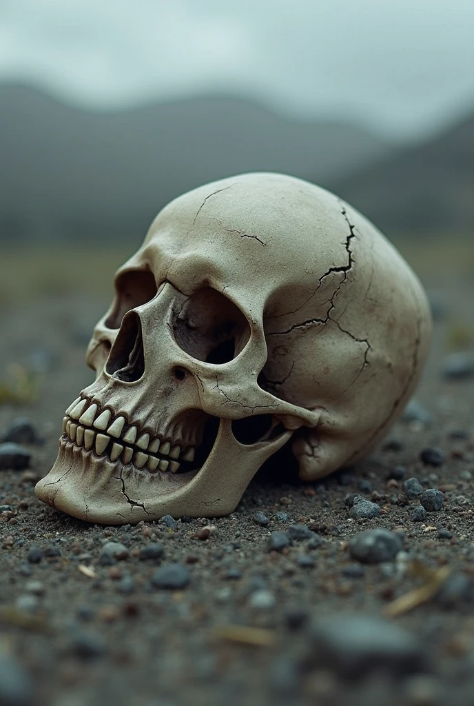 (RAW photo, 4k, masterpiece, high resolution, extremely complex) (realistic: 1.4), cinematic lighting, Imagine a detailed and realistic skull, with the bone texture clearly visible. This skull can be placed on a dark background to bring out the contrast and details. Add artistic elements such as cracks in the bones, dramatic shadows, or even a little moss or small plants growing around the skull to give it a mysterious and ancient feel.