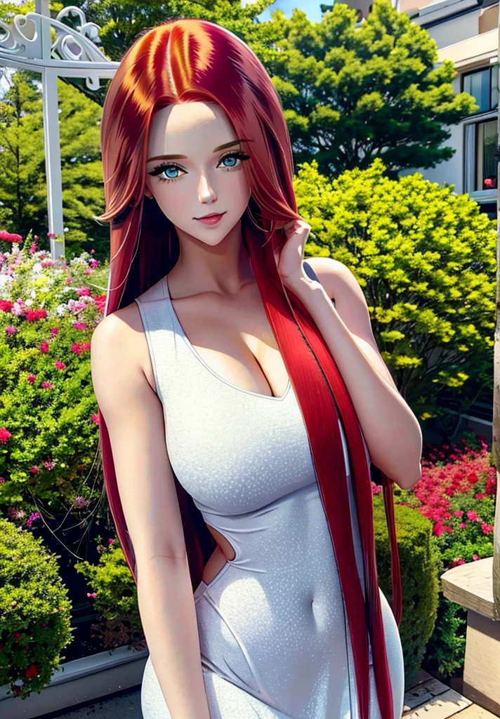 Adorable, Woman,big-eyed woman, round face. promenent lips. Smileing,In the garden,Her hands are behind her...., , large ass, wearing a cute sun dress. Picture from the side,looking at the scenes, intense colors, Very valuable details, complex details, volumetric lighting, digital art, 8k, trending on Artstation, Clear focus, complex details, highly detail, Greg Rutkowski Big Eyes, high-resolution, fiery red hair. Anna Popplewell
