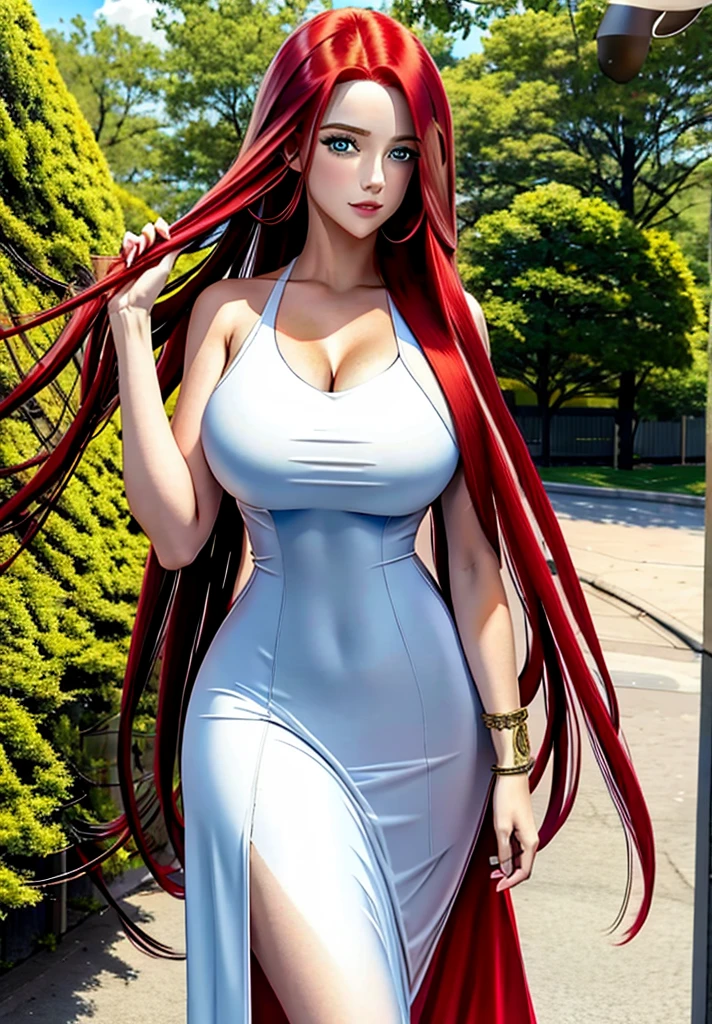 Adorable, Woman,big-eyed woman, round face. promenent lips. Smileing,In the garden,Her hands are behind her...., , large ass, wearing a cute sun dress. Picture from the side,looking at the scenes, intense colors, Very valuable details, complex details, volumetric lighting, digital art, 8k, trending on Artstation, Clear focus, complex details, highly detail, Greg Rutkowski Big Eyes, high-resolution, fiery red hair. Anna Popplewell
