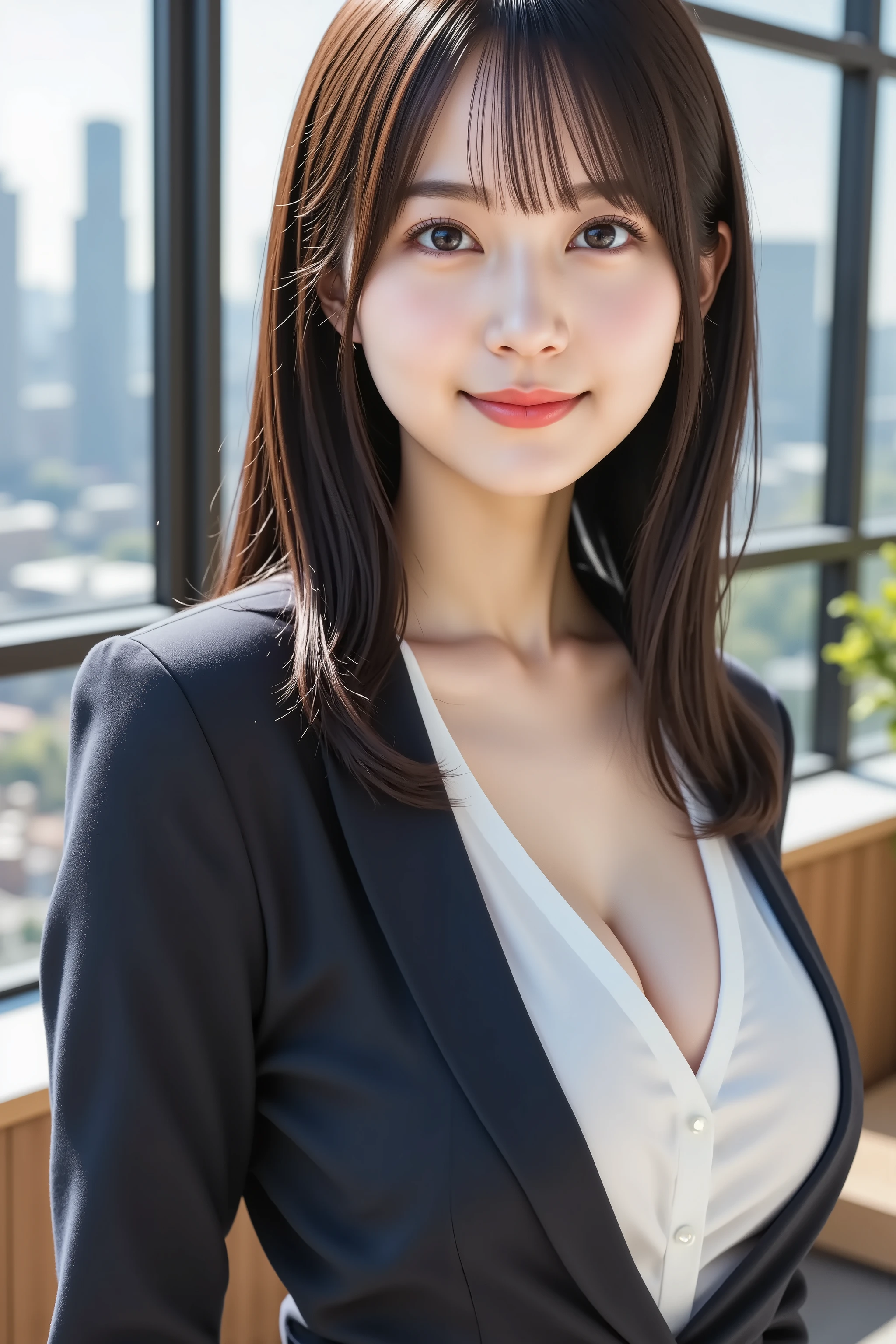 big breast, A medium close-up shot, ultra-realistic digital illustration of a charming young Asian businesswoman with large breasts, depicted from the chest up, ensuring her entire head is fully visible within the frame with ample headroom. Her radiant, porcelain-like skin has softly blushed cheeks, complemented by a warm, inviting smile that reveals her teeth. Her large, expressive eyes sparkle with confidence and intelligence, framed by delicate eyelashes and subtle professional makeup.
Her long, sleek black hair is styled professionally, with some strands falling elegantly over her shoulders and soft bangs framing her delicate face. She wears a tailored dark business suit with peaked lapels and a crisp white blouse underneath. The suit jacket fits her generous bust perfectly, with the top buttons of her blouse undone just enough to maintain professionalism while hinting at her curvaceous figure.
A delicate pendant necklace adorns her neck, adding a touch of refined femininity to her powerful business appearance. Her ears feature small, tasteful stud earrings that catch the light subtly.
The background showcases a modern, glass-walled office filled with natural light. Through the transparent walls, a cityscape is visible with tall skyscrapers and urban architecture, suggesting a high-floor executive office. The office environment features sleek, minimalist furniture, enhancing the contemporary corporate ambiance.
The lighting creates a professional yet flattering effect, with soft highlights accentuating her facial features and the texture of her suit. The image is rendered in stunning 8K resolution, capturing every intricate detail from the fabric texture of her suit to the confident gleam in her eyes, ensuring a perfect balance of professionalism and feminine charm.