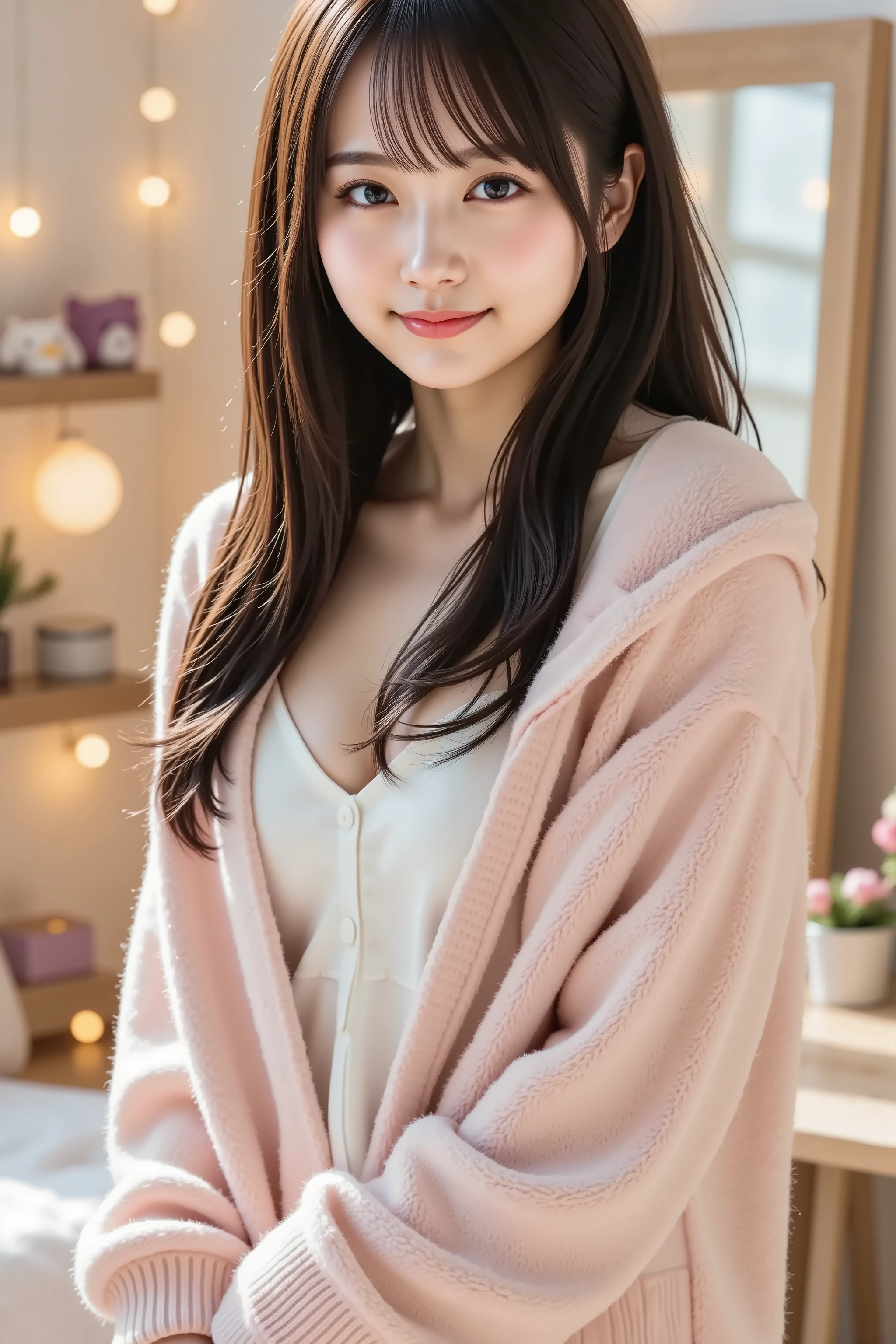 Big breast, A highly detailed, ultra-realistic digital illustration of a beautiful young Asian woman captured in a medium close-up shot, ensuring her entire head is visible with appropriate headroom while focusing on her from the thighs up. Her long, flowing black hair cascades down her back in soft waves, with delicate bangs framing her face. She has clear, luminous skin and a warm, slightly playful expression, her deep eyes conveying a sense of comfort and relaxation. She is depicted from the waist up, ensuring her entire head is within the frame.
She wears a cozy, slightly oversized hoodie in soft pastel tones, the hood resting gently against her back. The fabric appears plush and warm, with subtle folds and creases adding realism. The sleeves extend just past her wrists, giving a relaxed, casual fit. The hoodie is unzipped slightly, revealing a simple, fitted top underneath. The overall outfit exudes a sense of warmth and everyday comfort.
The background showcases a beautifully decorated, feminine bedroom with a charming, cozy atmosphere. Soft lighting from fairy lights draped along the walls casts a warm, inviting glow. A neatly made bed with pastel-colored blankets and plush cushions is visible, alongside a small wooden desk adorned with books, a laptop, and decorative trinkets. A full-length mirror reflects part of the room, enhancing the sense of space and depth. Shelves lined with cute stuffed animals, small potted plants, and delicate ornaments add to the room's cozy, personalized charm.
The composition is well-balanced, with the subject slightly off-center to allow an appreciation of both her appearance and the comforting ambiance of her bedroom. Rendered in stunning 8K resolution, the image captures every intricate detail with pristine clarity, from the soft texture of her hoodie to the gentle glow of the room’s ambient lighting.