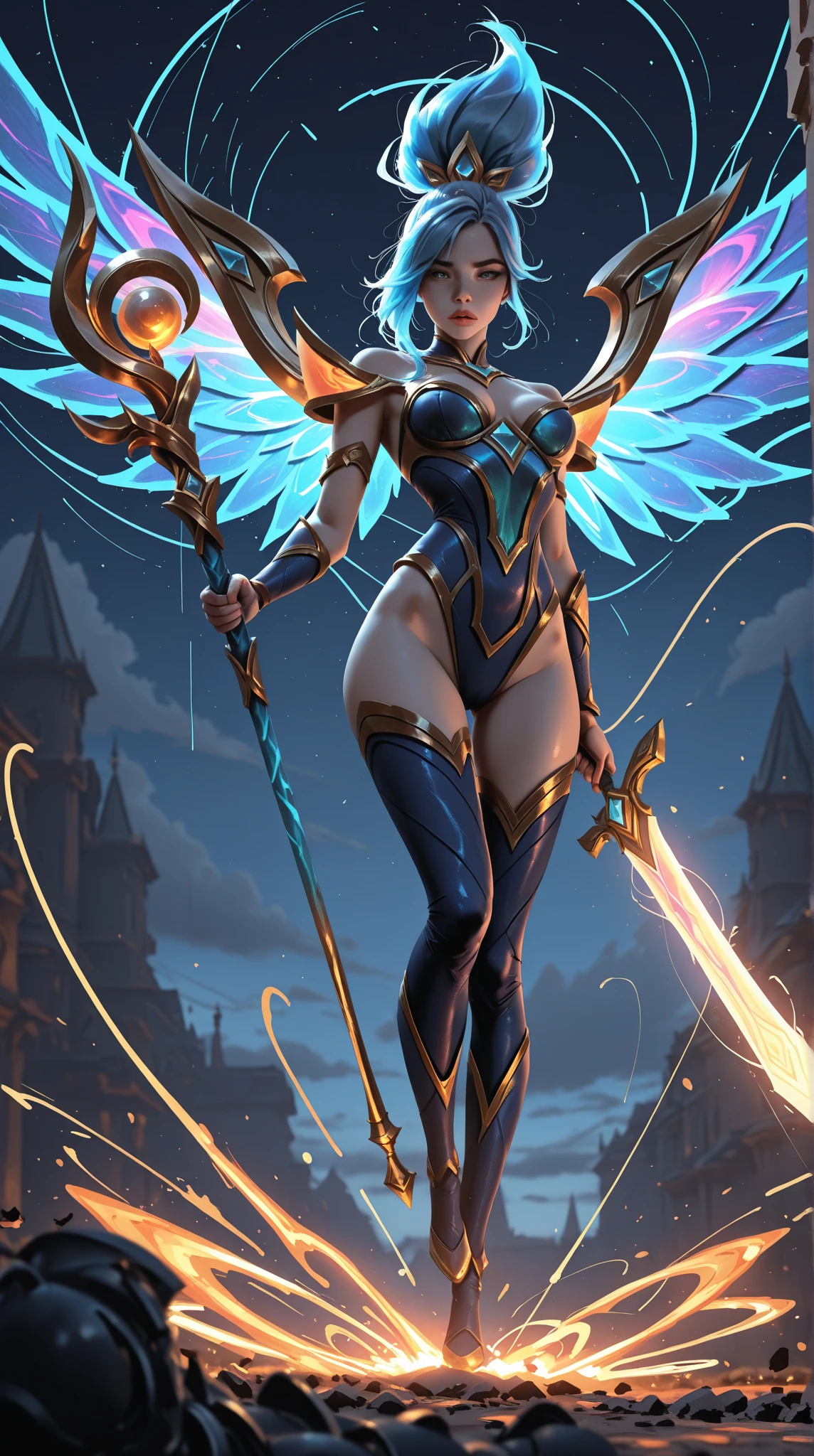 (((Massive, beautiful, buff, pale white skinned, muscular woman with cyan hair, black lipstick, glowing purple eyes, huge angel wings, ginormous bulky muscles and wearing a beautiful long black futuristic armored cheongsam dress))), (close view), massive muscles, massive biceps, huge angel wings, hyper muscle triceps, (long beachy hair), purple eyes, (beautiful long cheongsam dress), gauntlets, high heels boots, in a sea of cyan flames, surrounded by cyan fire, night, smirk, hyper muscles arms, hyper muscle legs, massive arms.