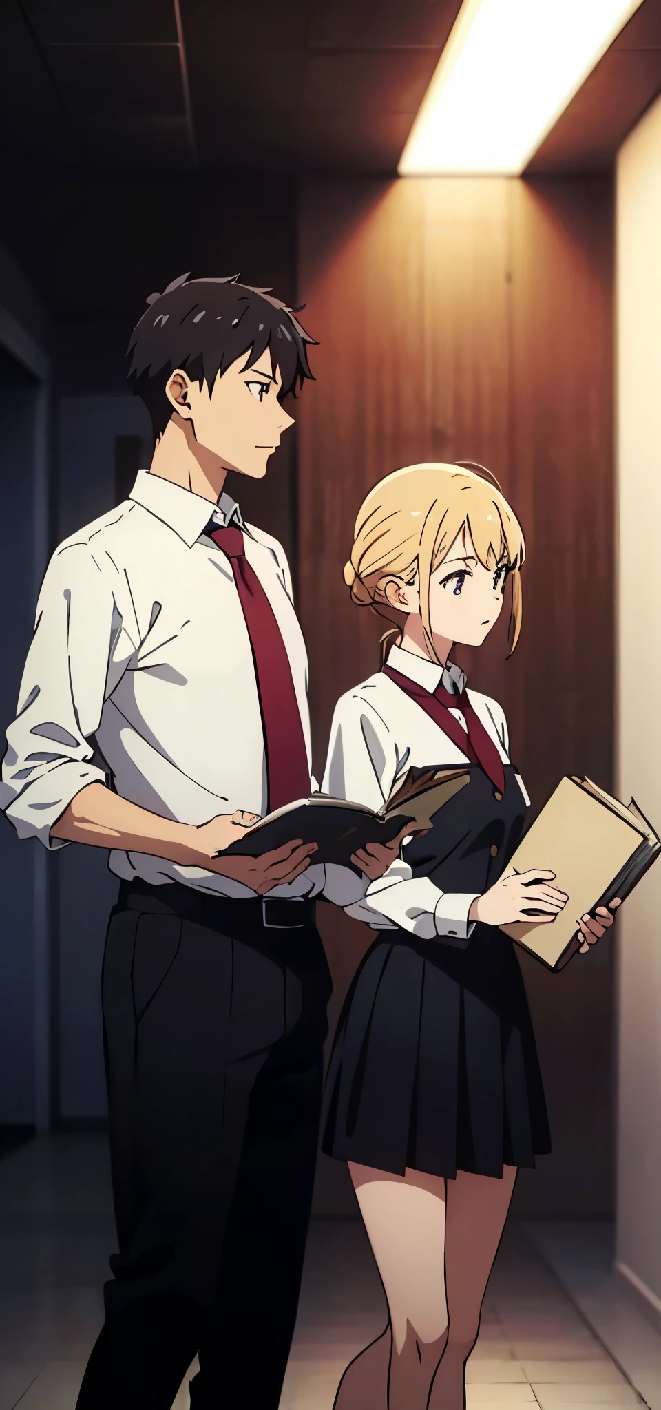 Anime girl and boy, wearing white shirt, red tie, black skirt, walking in hallway , holding bunch of books in hands, front view 