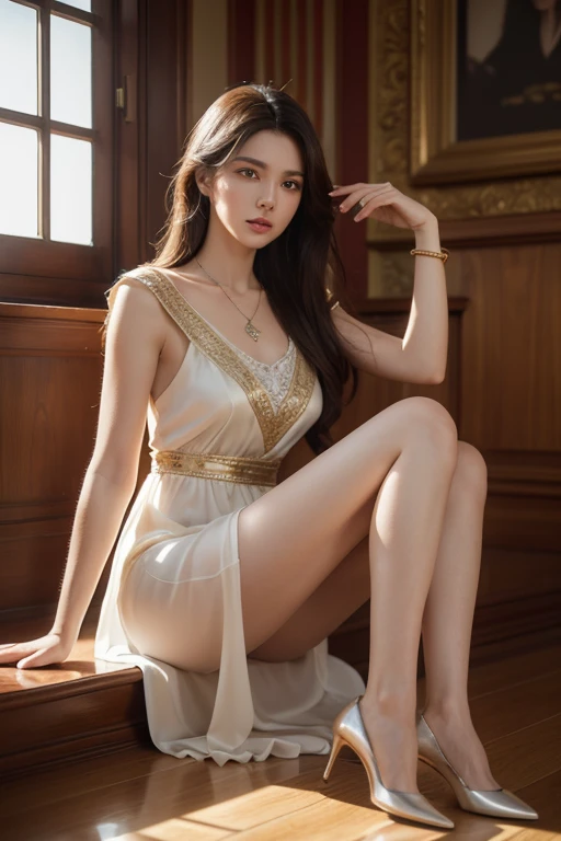 (RAW Photograph),35mm,(((Masterpiece))),ultra photo realistic, ((Beautiful pale white skin Euro-Asian maiden)),posing elegantly,(age 27,height 176cm,36-24-36 slim body figure,slim abs,slim natural round chest),(Indonesian empress style),(very long and wavy brown hair),((beautiful white majestic with gold embroidery and micro cut out long skirt gown(open chest, revealing,open thighs,no underwear))),(white cape),(white thigh boots),(gold mini headband),(gold necklace),(gold accents),highly intricate,very lovely details,very appealing view,natural lighting,ultra sharp image,((futuristic imperial white palace)),((UHD,8k)),(((Royo,Giger)))