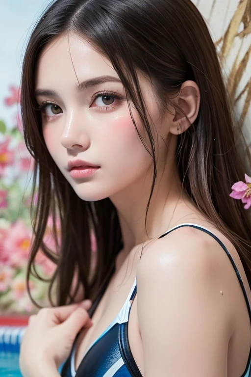 (8K, Raw photo, realistic:1.25) ,( lip gloss, eyelash, shiny face, Glossy skin, highest quality, ultra high resolution, Depth of the bounds written, chromatic aberration, caustics, wide range lighting, natural shading,K-POPアイドル) She looks at the viewer with a calm, goddess-like happiness.,cherry blossoms
