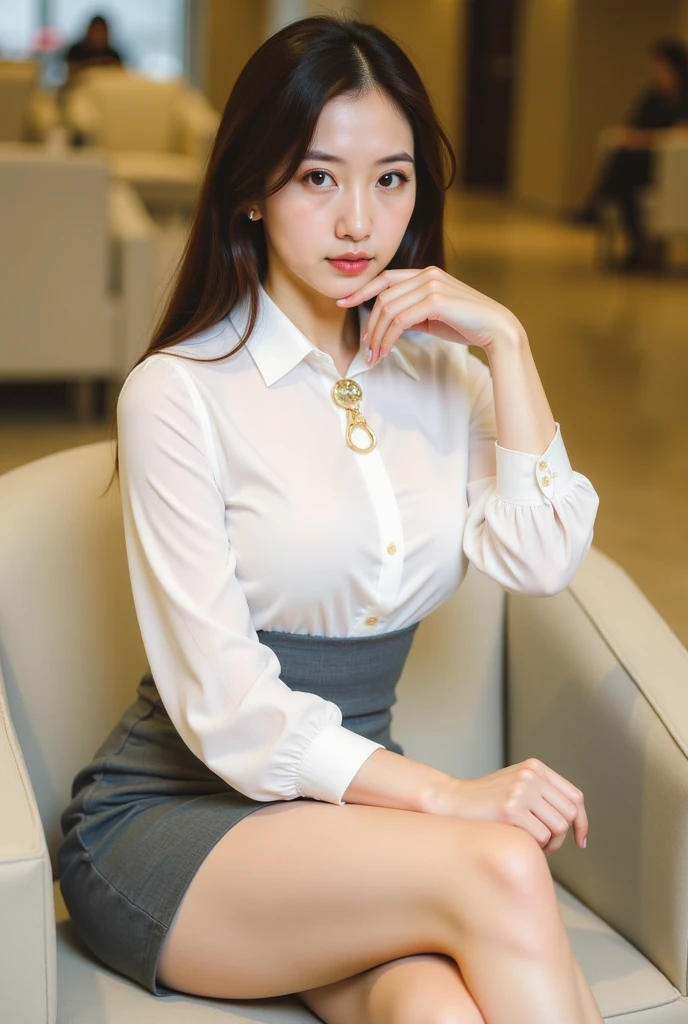 (1 Korean star with royal sister style), ((Best quality, 8K, 巨作: 1.3)), focal point: 1.2, Perfect body proportions: 1.4, (Make a smile),  （raytrace）,Watery eyes, highly detailed face and skin textures, Fine eyes, Double eyelids, Whitens the skin, (length hair, Air bangs: 1.3), (Round face: 1.5), (white  shirt,Skirt that wraps hips: 1.4), (Sit on a high chair and show off your figure: 1.6),(white stockings: 1.4),(film grain style:1.3)，a sense of atmosphere