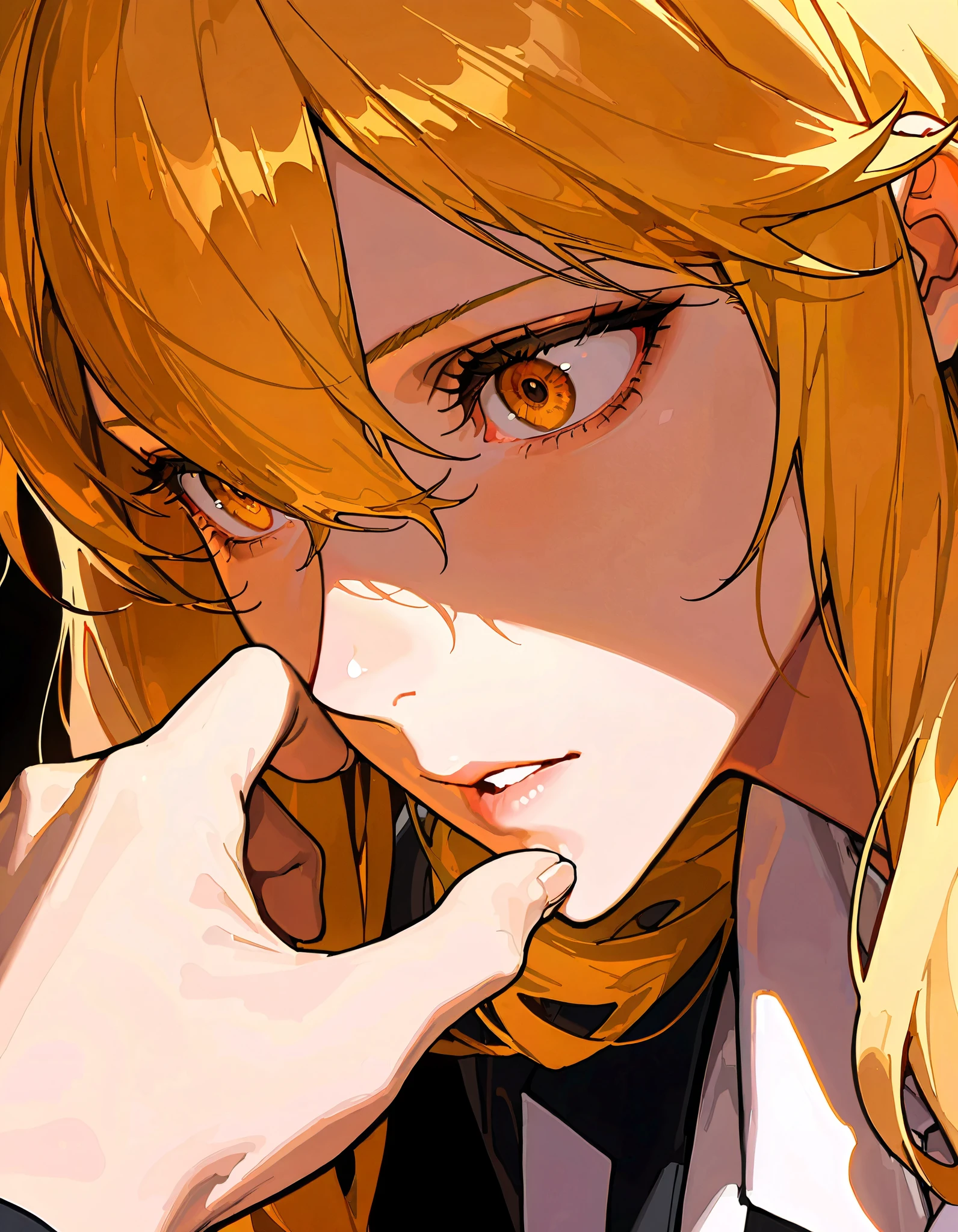 (artist:OKAZU:1.10), (artist:hiten:0.51), artist:WANKE, (artist:ciloranko:0.55), (Gina, Solo Leveling character), (masterpiece: 1.2), (best_quality: 1.0), (solo: 1.4), 1woman, 35 years old, middle-aged woman, (solo focus, 1view), (mature woman, strict facial features, sharp facial features), ((face focus: 1,4)), ((Ultra Detailed, Cinematic, hyper detailed, Hyperresolution, official arts, Wallpaper 40k, Mind-blowing art)), (blonde long hair, hair between eyes), voluminous hair, bright brown eyes, mesmerizing eyes, Beautiful nose, Beautiful character design, perfect eyes detail, perfect face, Colorful, Bright_Front_face_Lighting, (bright_color: 1.2), (beautiful_face: 1.5), seductive, (beautiful, clean skin), front view, bottom view, simple background, black background, clawed hand, hand right front for face, chitinous hand, looking at another's hand, fear,