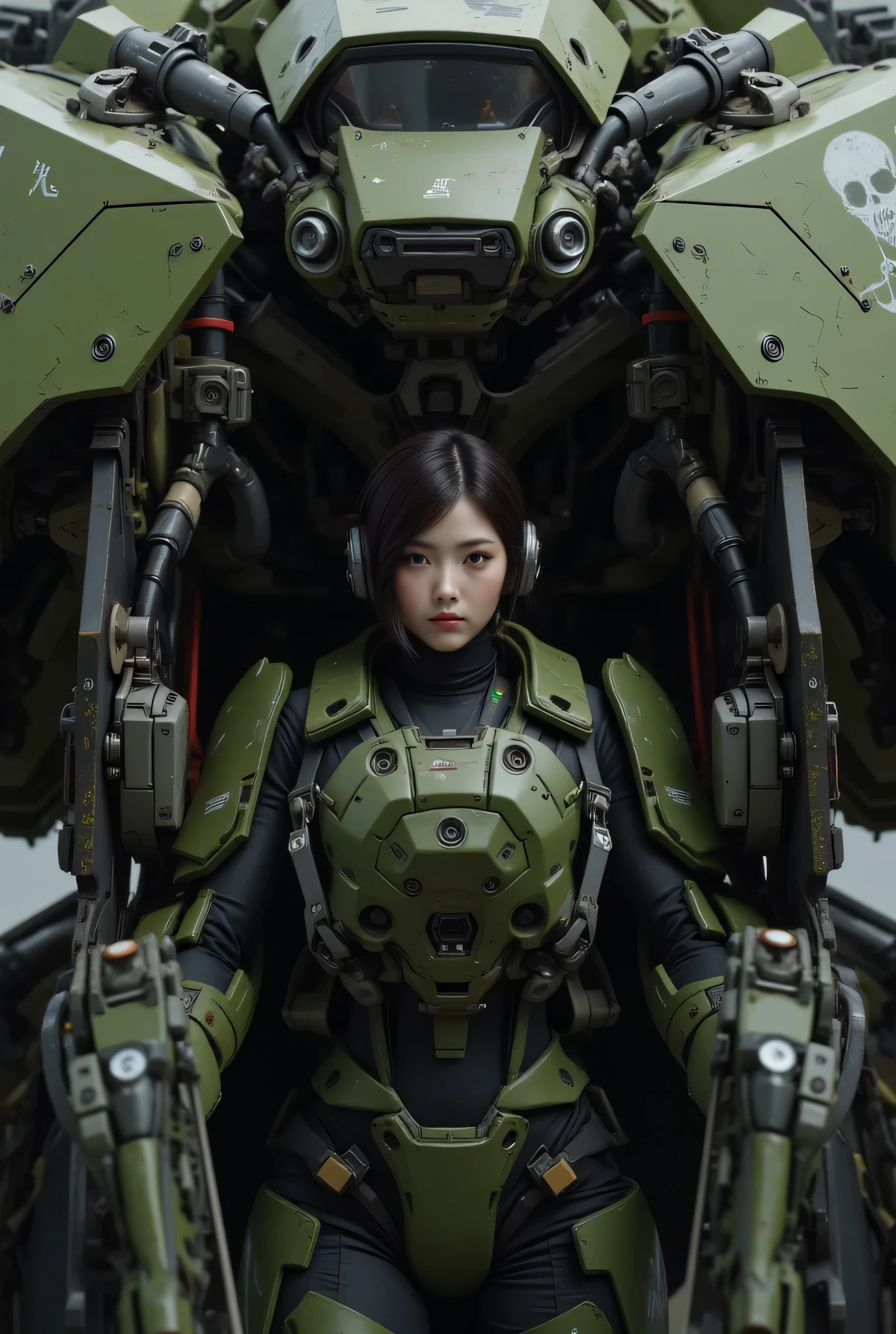 
８ｋ,Realistic Skin Texture、Superrealism、Realistic Photo、Near-future軍所属の日系女性パイロットが大型ロボットのコックピットに乗っている、Damaged moss green battle armor robot、Skull mark painted on armor、Near-future、Painting of the unit and identification number、Peeling paint、Oil stains、Detailed Description、Dynamic pose、Armored Core