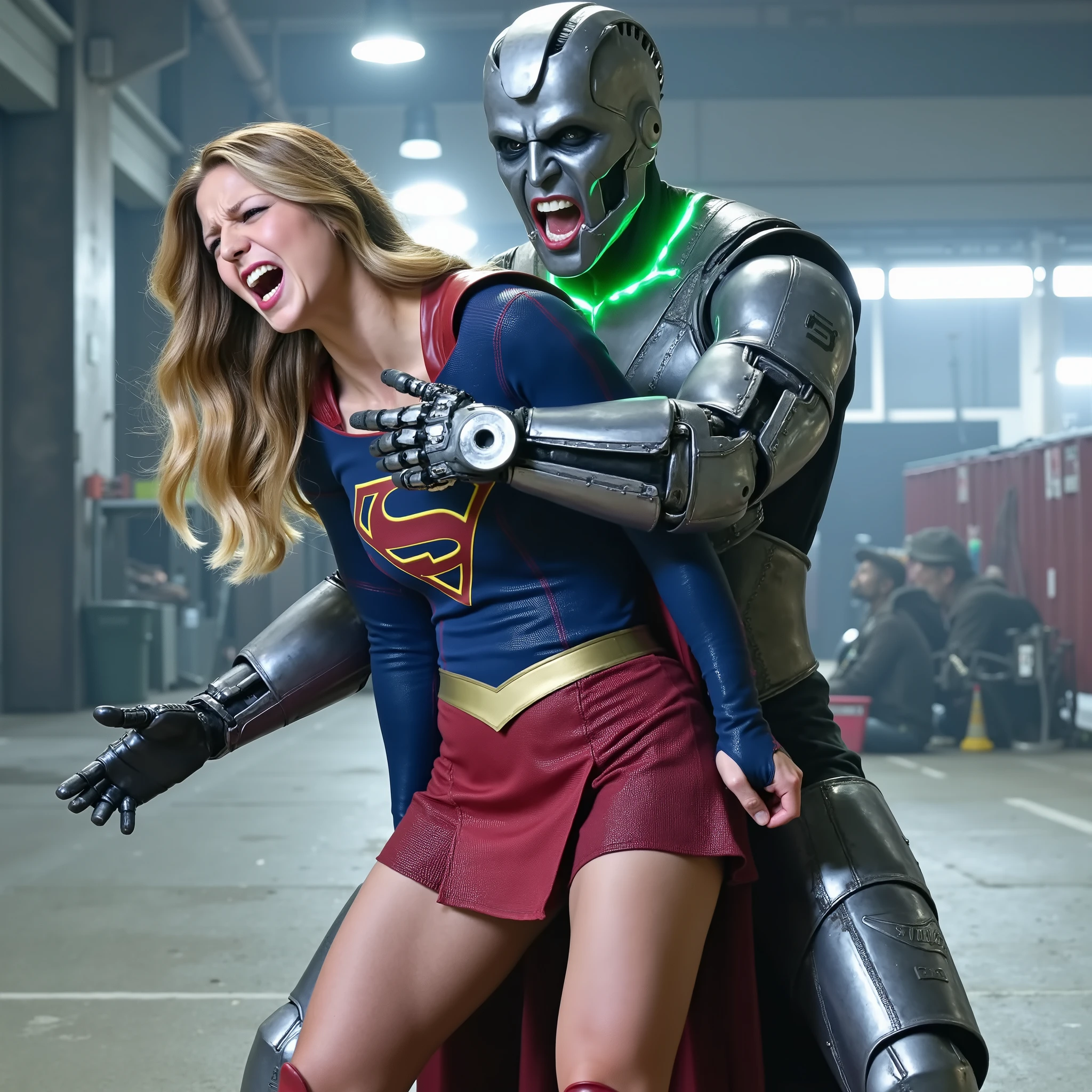 Melissa Benoist as Supergirl, (a very short skirt), fighting with an enemy, she is sexual assaulted from behind by Lex Luther the robot, she bend down, a green lighting collar on her neck, painful face, (Supergirl is screaming in pain), Lex Luther is a strong big robot, he is hugging her tightly from behind, he pull her skirt up and push his penis into her skirt, whole body from head to feet are visible, in the factory, night time, bright spot lighting,