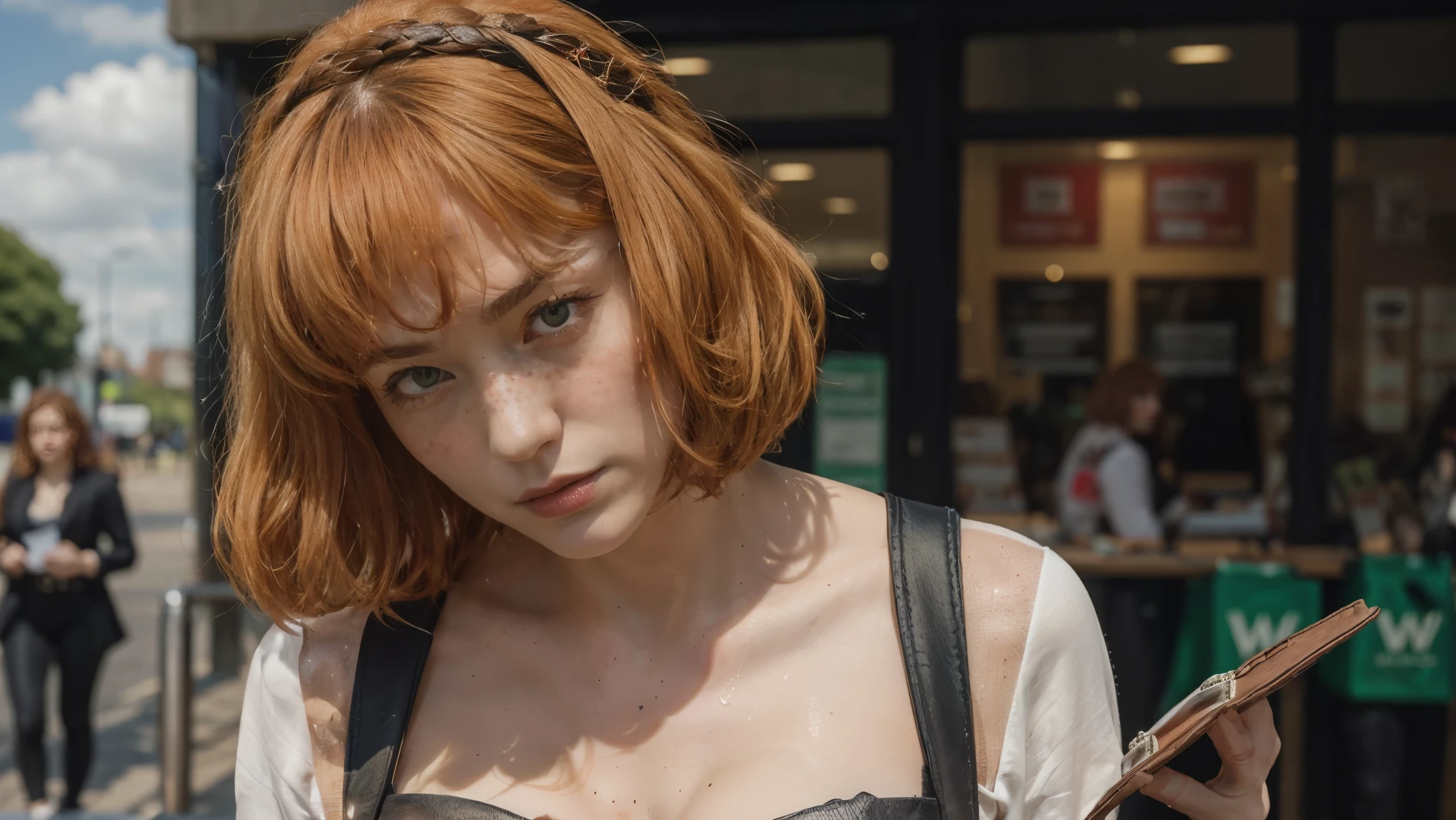 (masterpiece), best quality, expressive eyes, perfect face, multilevel marketing, midriff, Areolae, long ginger hair, Hairclip, limbus salesmen woman, perfect anatomy, (((holding an sales briefcase))), (((closeup face))), tall woman with a chubby physique and long, orange ginger hair, hair with bangs, freckled, forehead, bad mood, green eyes, irish woman, tight shirts, bulk, chubby, fatty, foot, bra, sweaty, sweat look, full Body, working, small breasts, Wembley Stadium, laying down, Wembley background, leather shoes, tall, Ireland woman, belt, ((white shirt)), offended, walking, high libido anger, promoting as job, black leggings, Wembley Stadium, ((skyclad)), Ireland background, ((chest freckled)), London, (((side faced))), Weasleys, ((dawning streets)), (((promoting her products in front of peoples))) , freckled cum, side face