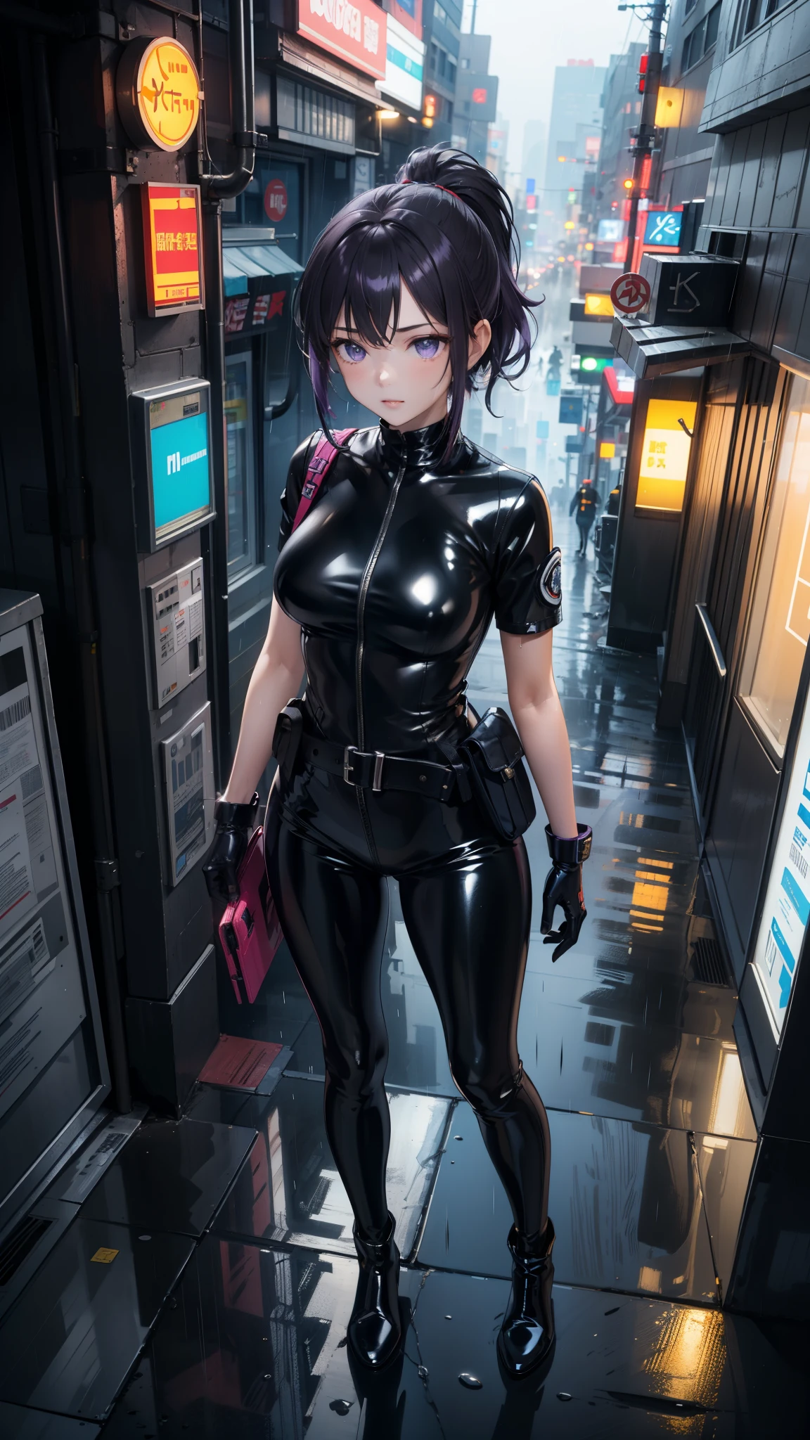 (Masterpiece, center, Detailed), a girl, Alone, seen from above, looking at the spectator, ojos Detaileds, purple eyes shirt, purple hair short ponytail, Love, Medium breasts, ((black latex bodysuit)), (black gloves, ((shiny black leggings)), black boots, armband, al aire libre, city, cyberpunk, (rain), contrasted, legs apart, belt, belt pouch, night, city lights, Neon lights, street, auto, people,