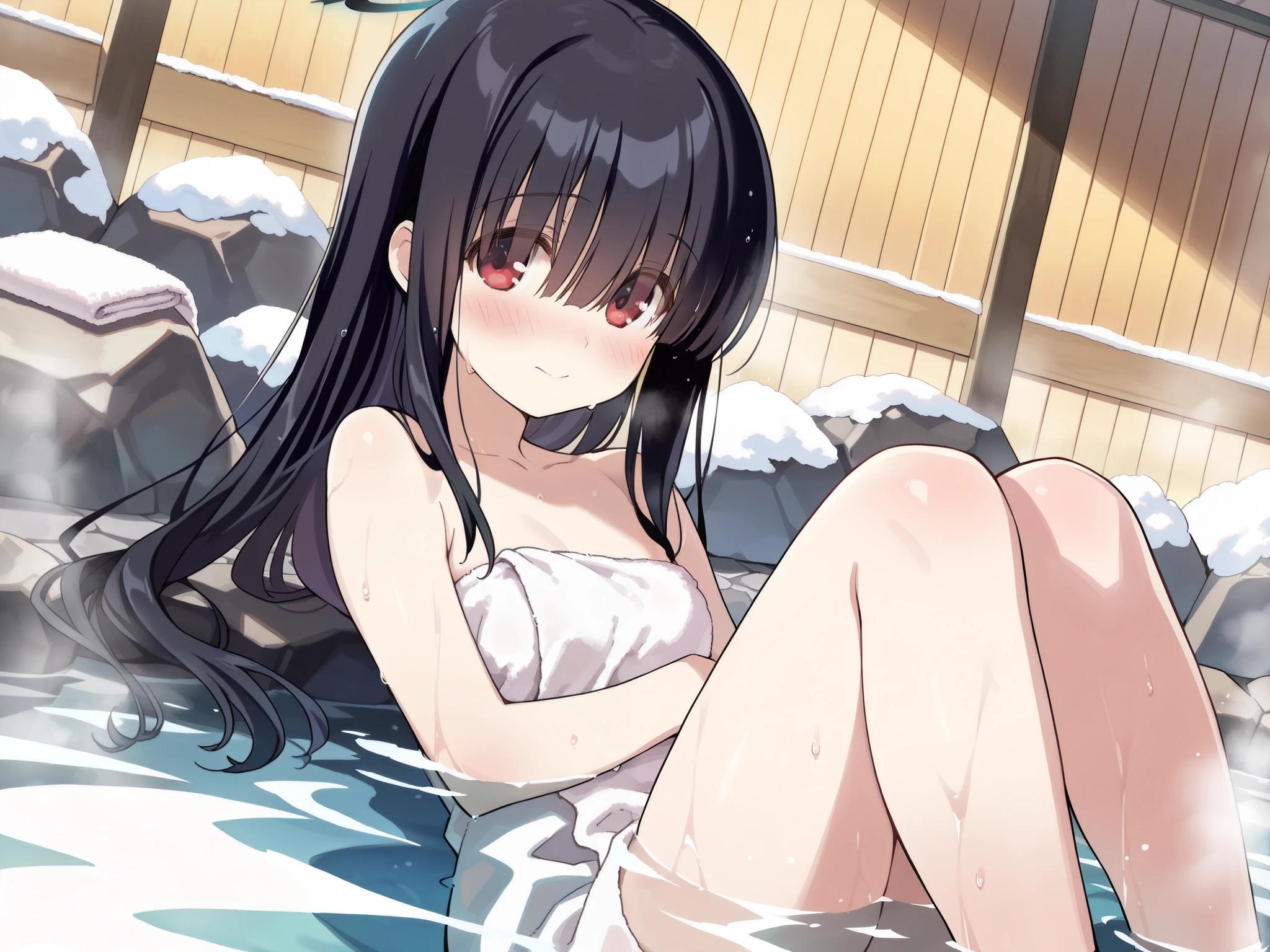 score 9, score 8 up, score 7 up, ultra-detailed, (best quality, (((masterpiece))), ultra detailed, ultra high res, absurdres, high-resolution, highest quality, very aesthetic, textile shading), source anime, (detailed eyes), (detailed face), nsfw, unsensored, BREAK, (to heart /(series/)), (santa matsuri) (justice task force member /(blue archive)), (game cg), black hair, red eyes, long hair, hair over eyes, , onsen, dutch angle, 1girl, water, steam, embarrassed, smile, blush, wet, bathing, knees up, wading, submerged, naked towel, covering privates,