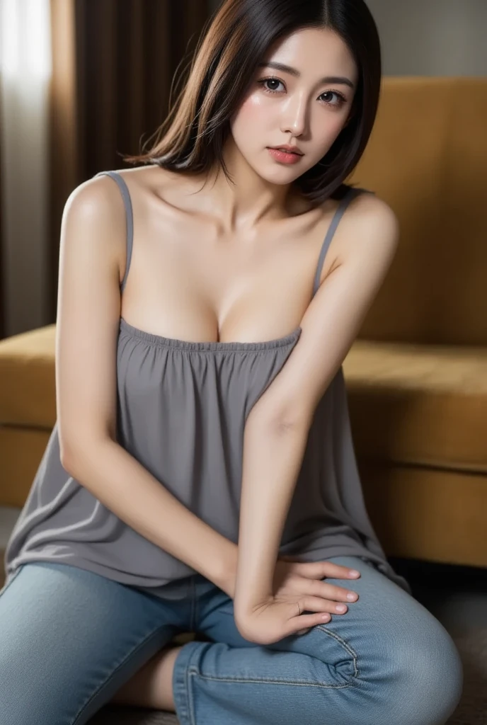 Black hair bob, (8k, RAW photo, photorealistic: 1.25), (very much lip gloss, many eyelashes, highest quality, ultra high resolution, depth of field, chromatic aberration, caustics, wide light, natural color, Japanese , Female in her 30s) Staring at the viewer, necklace, bracelet, choker, full body, big breasts, mole on chest, bare legs, see-through blouse
