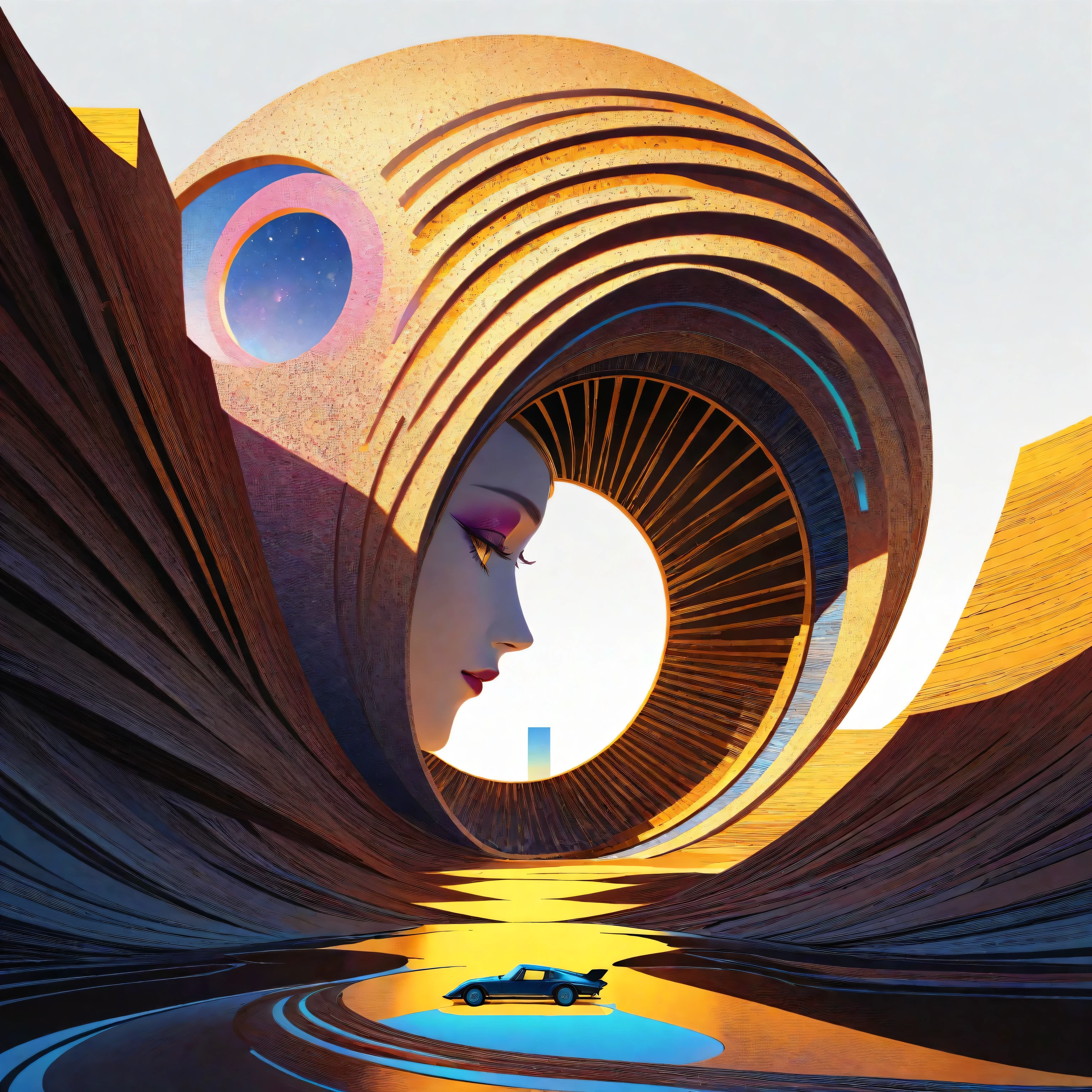 a futuristic landscape in the illustrative style of french illustrator Moebius, (blues, yellows), brutalist architecture, brutalism, retrofuturistic, french retro, retrofuturistic car, (White background:1.4),(Isabella Rosalini), head silhouette, Eyes closed, Long colored hair, Oriental elements),(Chinese illustration:1.3,Paper Art:1.3, キルティングPaper Art:1.2),( Streamlined Design, Clear lines, High sharpness,Better Quality, Very detailed, Master Parts, Film Light Effect, 4K ) Illustration design, porcelain doll skin, beautiful detailed eyes, beautiful detailed lips, extremely detailed gold eyes and face, long eyelashes, upper body, from side, looking at viewer, (fractal art:1.3), (pink hair:1.2), water, liquid, cloud, colorful, starry, stars, (best quality, 4k, 8k, highres, masterpiece:1.2), ultra-detailed, (realistic, photorealistic, photo-realistic:1.37), vibrant colors, studio lighting, extremely detailed description, professional, concept art, surreal, 1920s french vibe, monochromatic gold and pink palette, in the style of french illustrator moebius, gold elements,
