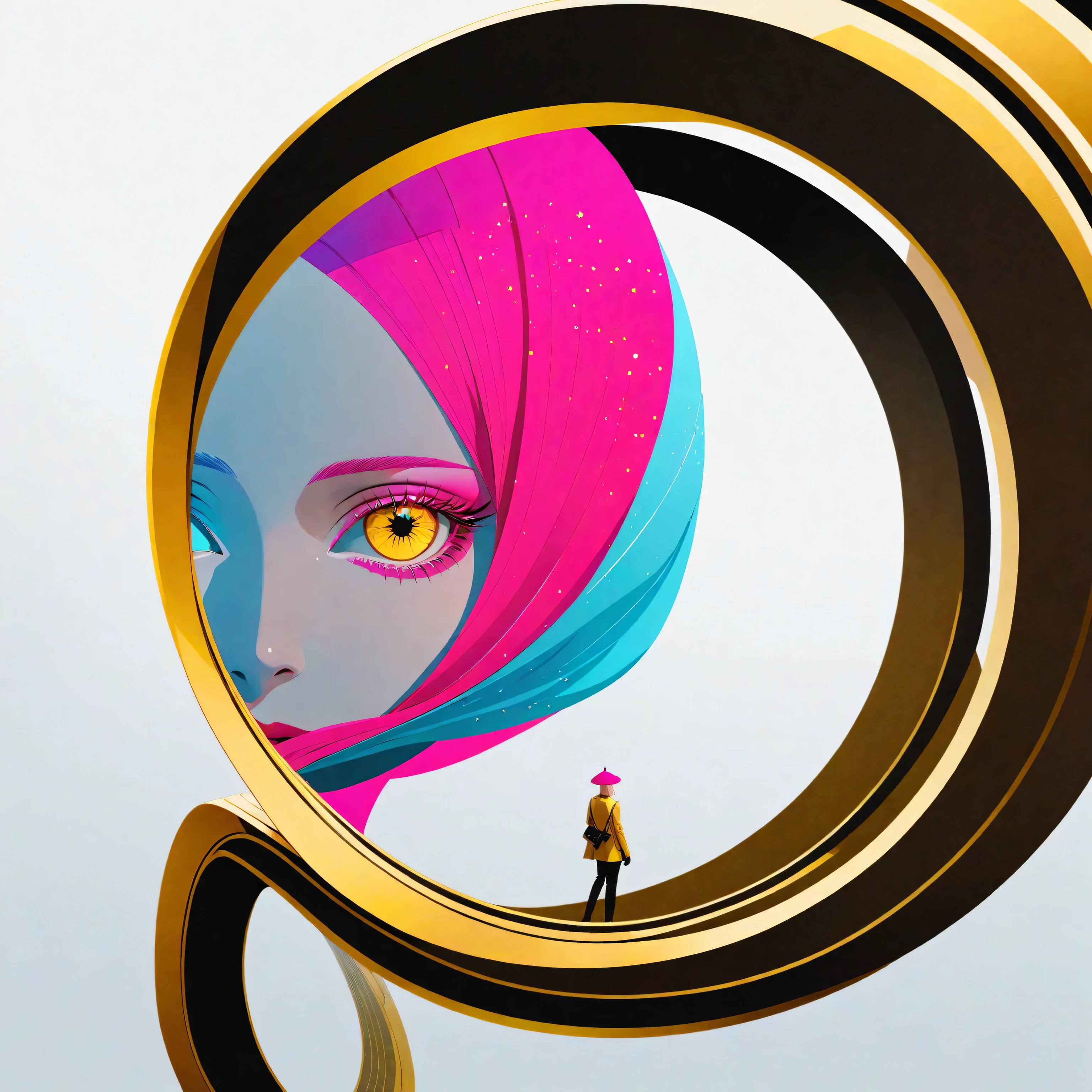 a futuristic landscape in the illustrative style of french illustrator Moebius, (blues, yellows), brutalist architecture, brutalism, retrofuturistic, french retro, retrofuturistic car, (White background:1.4),(Isabella Rosalini), head silhouette, Eyes closed, Long colored hair, Oriental elements),(Chinese illustration:1.3,Paper Art:1.3, キルティングPaper Art:1.2),( Streamlined Design, Clear lines, High sharpness,Better Quality, Very detailed, Master Parts, Film Light Effect, 4K ) Illustration design, porcelain doll skin, beautiful detailed eyes, beautiful detailed lips, extremely detailed gold eyes and face, long eyelashes, upper body, from side, looking at viewer, (fractal art:1.3), (pink hair:1.2), water, liquid, cloud, colorful, starry, stars, (best quality, 4k, 8k, highres, masterpiece:1.2), ultra-detailed, (realistic, photorealistic, photo-realistic:1.37), vibrant colors, studio lighting, extremely detailed description, professional, concept art, surreal, 1920s french vibe, monochromatic gold and pink palette, in the style of french illustrator moebius, gold elements,