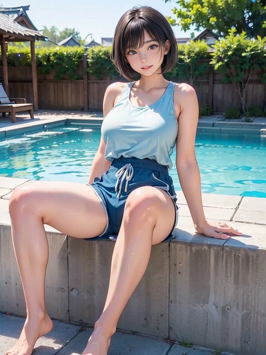 ultra highres,(reality: 1.4),highest quality, masterpiece, high detail, 16K quality, beautiful, 1 beautiful girl,japanese,super beautiful face,baby face,japanese idol face,cute face,super detailed face,detailed hand,beautiful skin,sweaty skin,big eyes,smile,profeccional lighting,medium hair,brown hair,brown beautiful eyes, nude,standing,spread legs,(((showing pussy))),(detailed pussy),medium breasts,black high socks,she is looking at the camera,pool side,nsfw,from below,