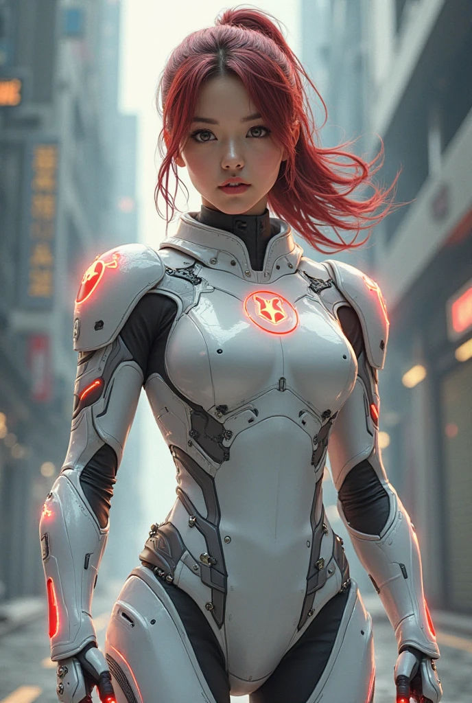 female ironman, gorgeous, top less, realistic outfit, polished outfit, detailed body, Detailed eye, Swollen eyes, top-quality, A high resolution, (reality: 1.4), Forward-facing body, (A hyper-realistic), (high resolution), (8K), (highly detailed), ( Best Illustration), (detailed eyes), (ultra-detailliert), Bright lighting, Professional Lighting、The background is a cyberpunk room with neon light.、The cord is connected from the costume, random hair style.